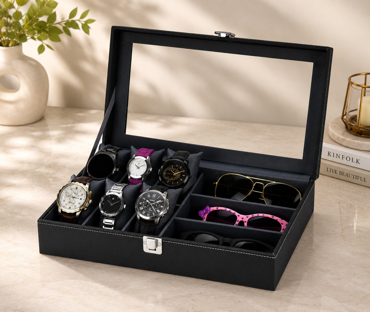 Image of STORESHINE Men's and Women's Watch Box Holder Organizer Case in Black color(6 Compartments) Watch Box (Black, Holds 9 Watches)