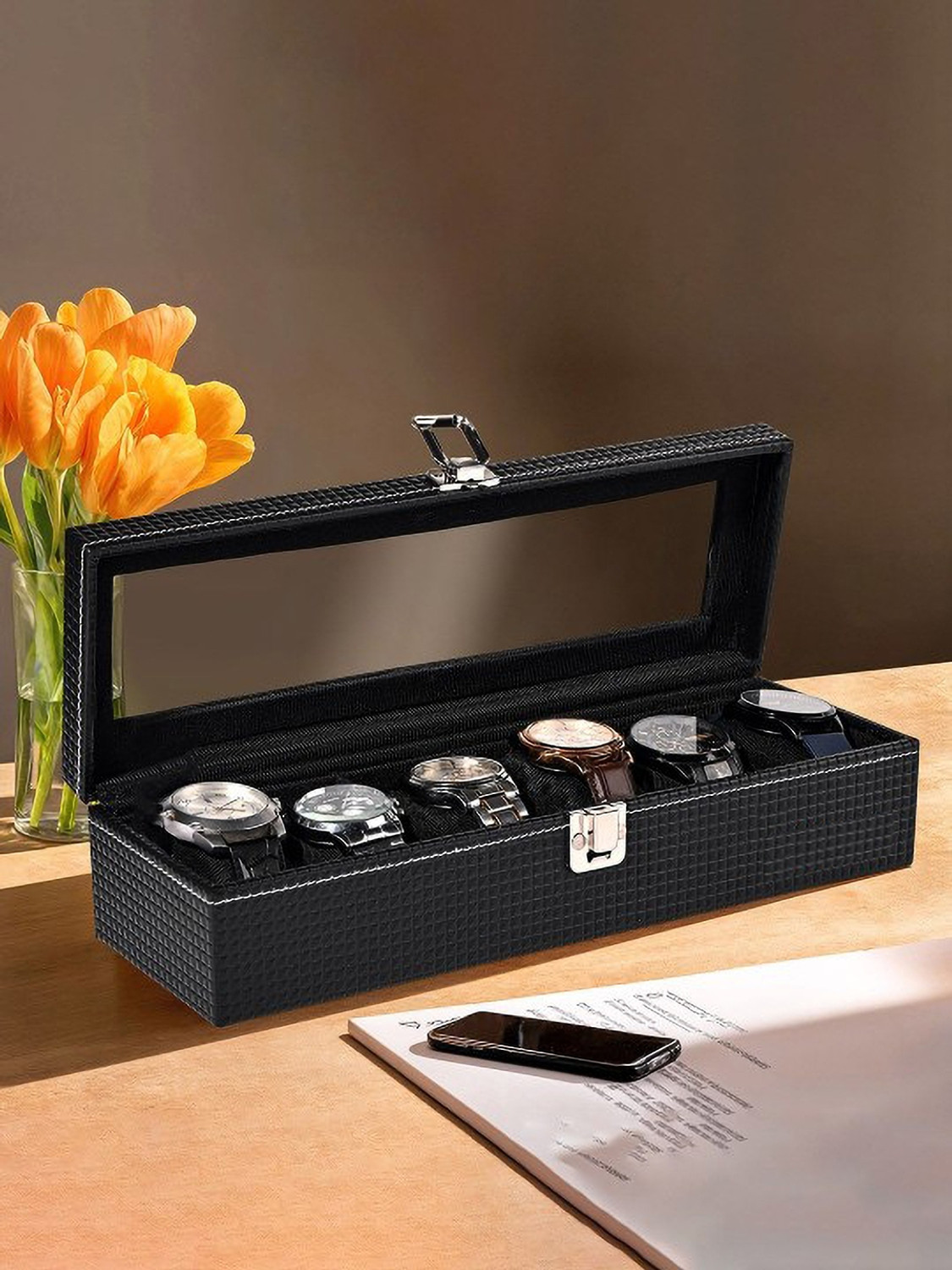 Image of ALAWO Watch Box & Sunglasses Case with 6 Slots for Watches and 3 Slots for Sunglasses Watch Box (Black, Holds 9 Watches)