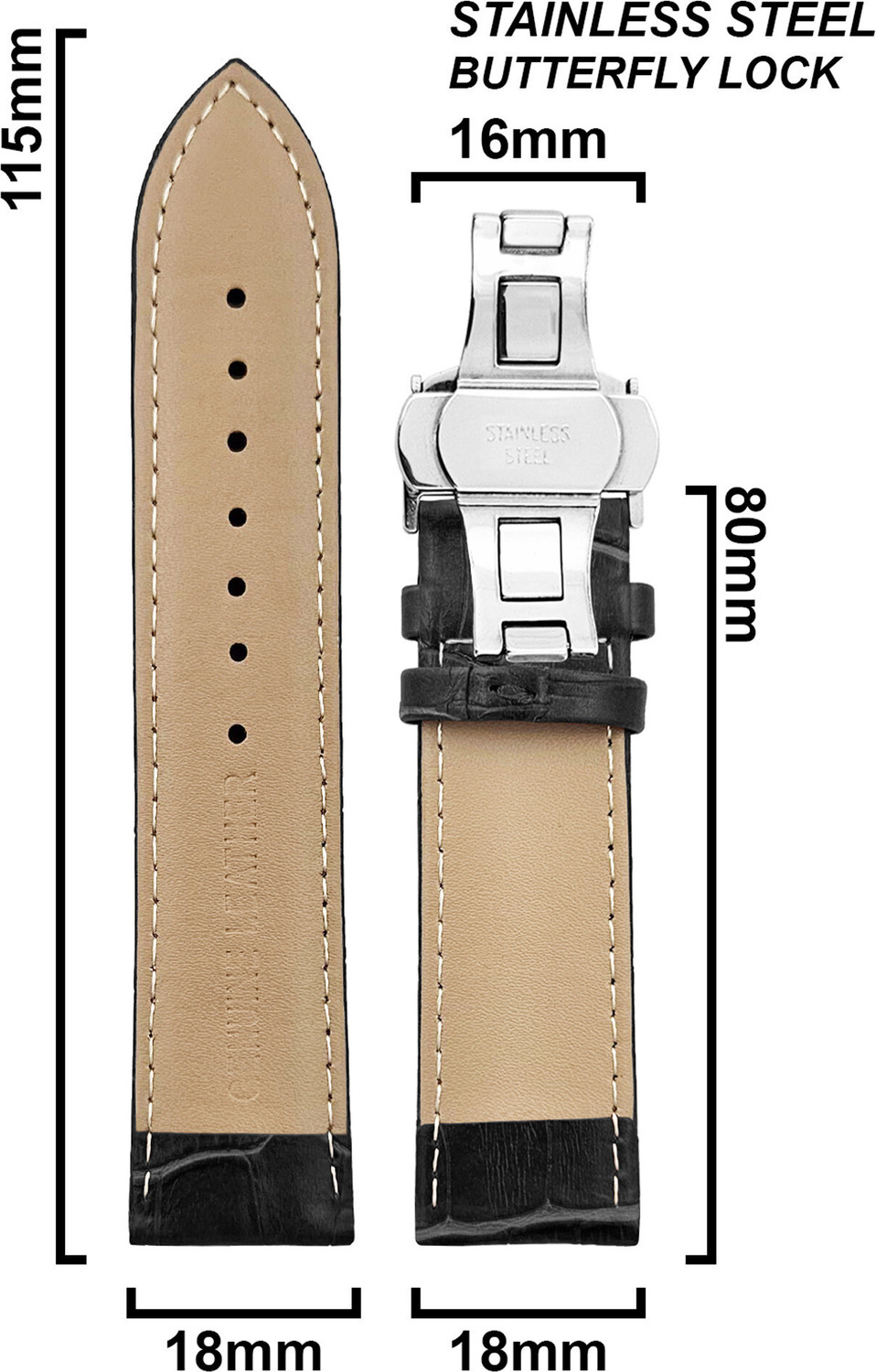 Image of DBLACK [HOOK] Bamboo Design Pattern with Butterfly Lock 18 mm Genuine Leather Watch Strap (Black)