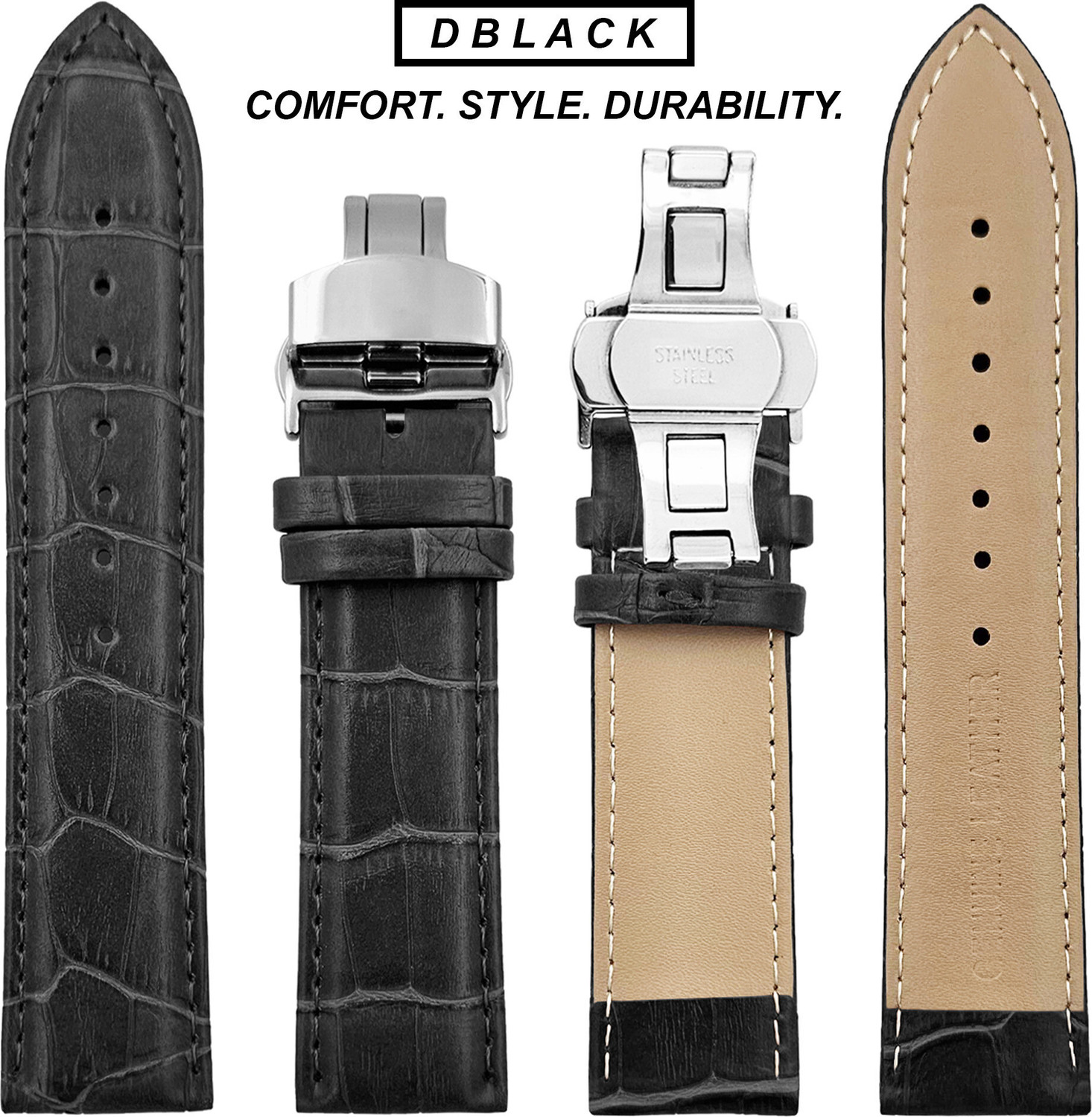 Image of DBLACK [HOOK] Bamboo Design Pattern with Butterfly Lock 18 mm Genuine Leather Watch Strap (Black)
