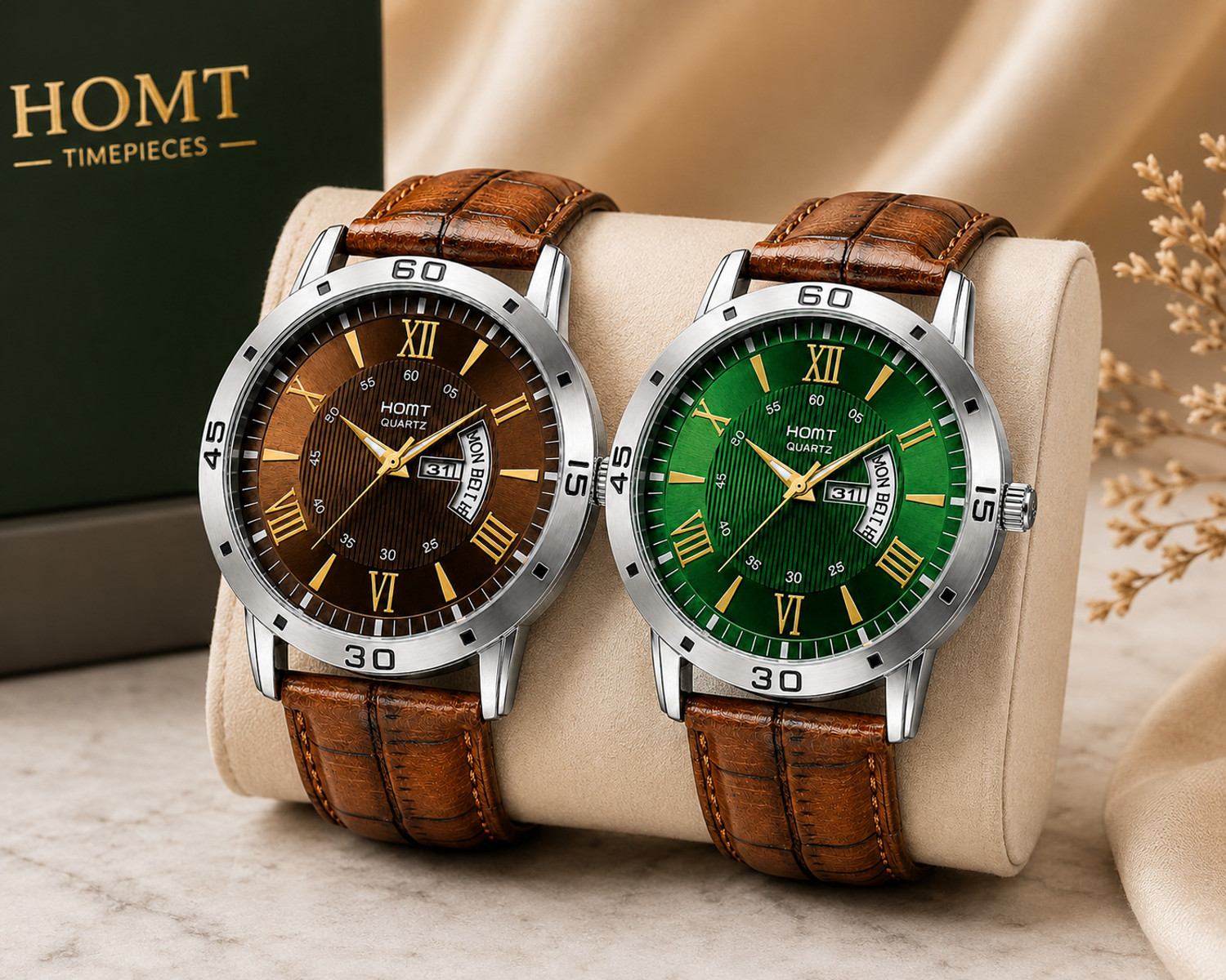 Image of homt Men's Watch Combo of 2 Leather Belt Brown & Green Quartz Analog Watch - For Men Pack Of 2 Wrist Watches ( Day-date working)