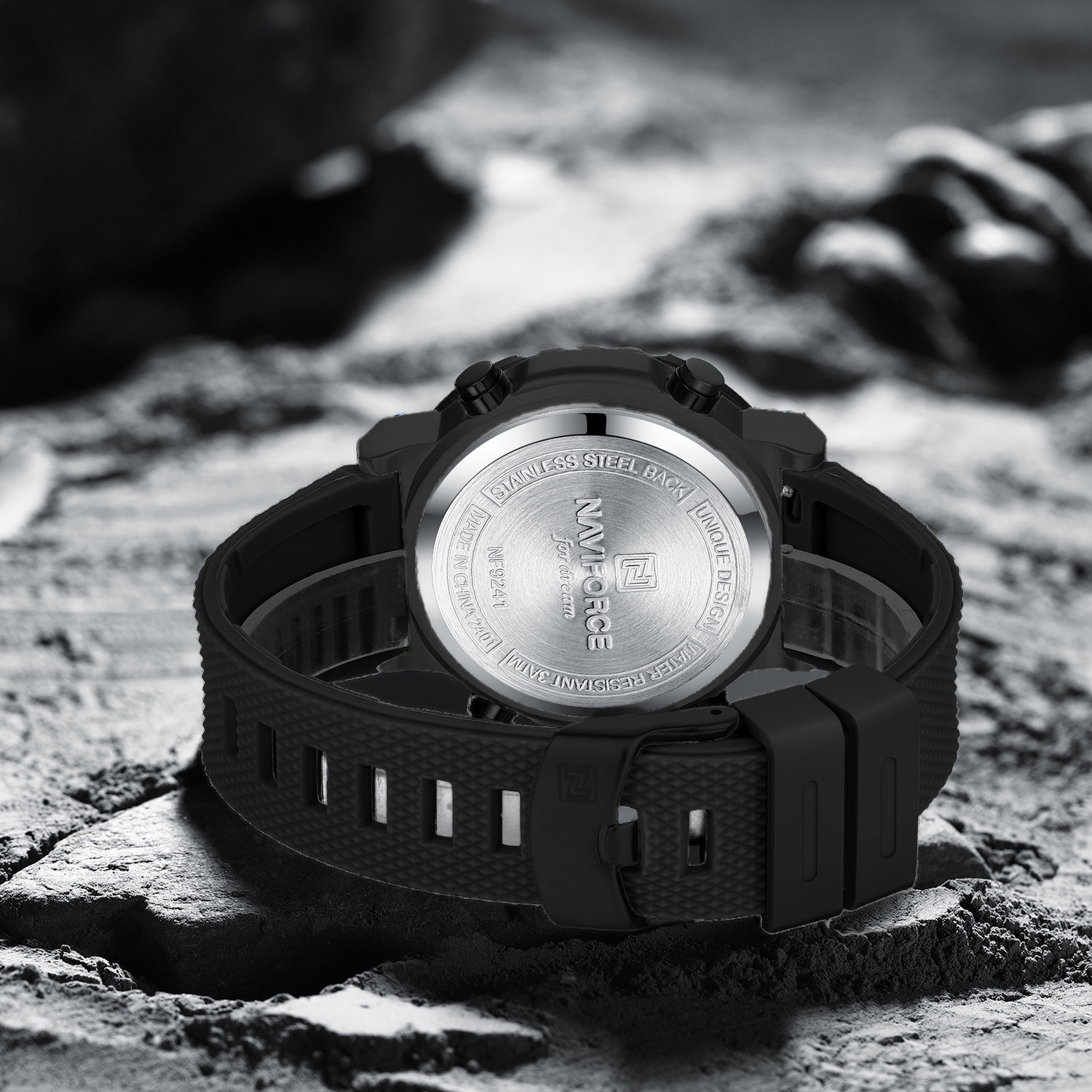 Image of NAVIFORCE Monochromatic Black Multifunctional silicone strap sports Digital Watch - For Men 9241T Sporty Aesthetic