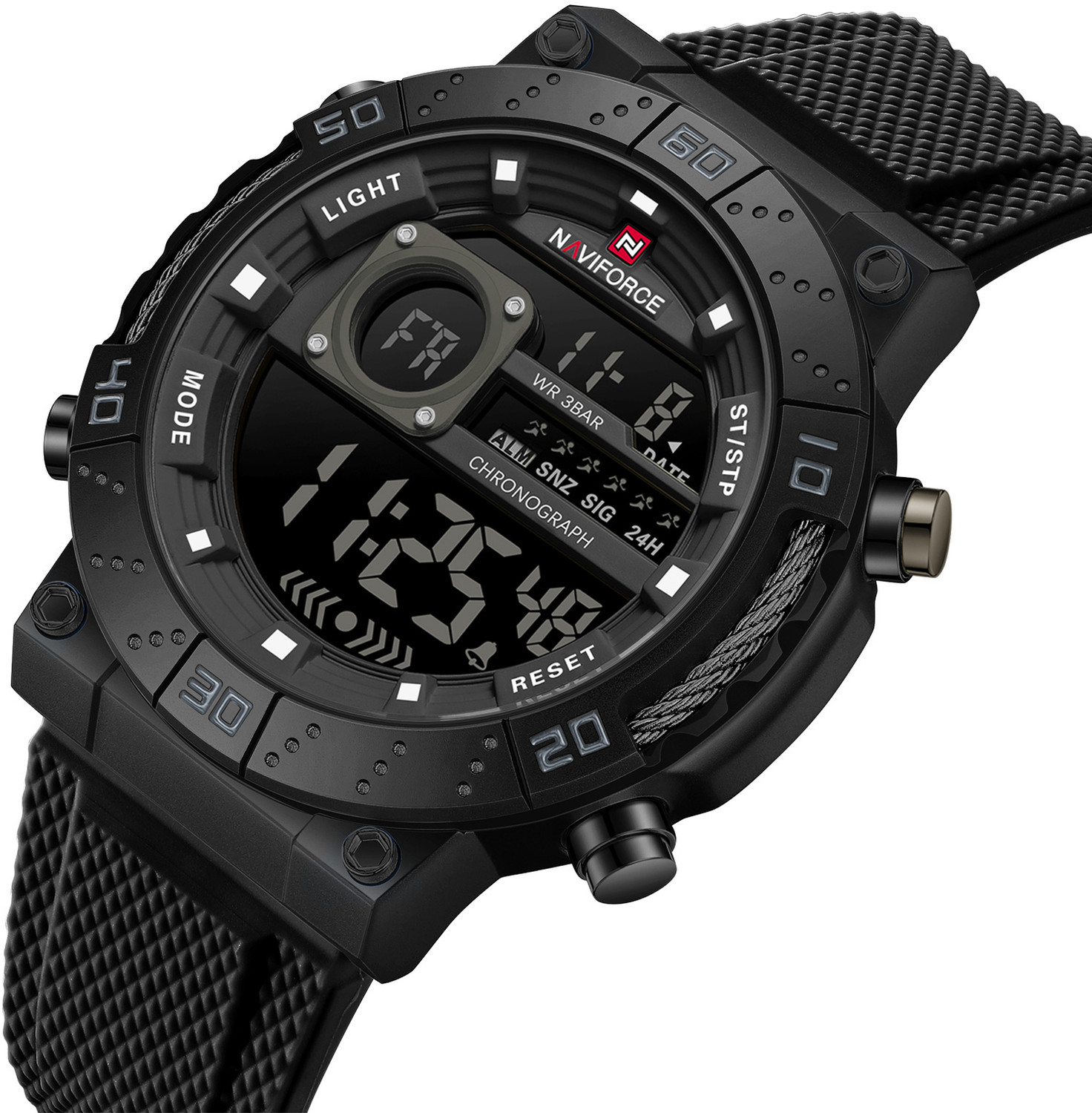 Image of NAVIFORCE Monochromatic Black Multifunctional silicone strap sports Digital Watch - For Men 9241T Sporty Aesthetic
