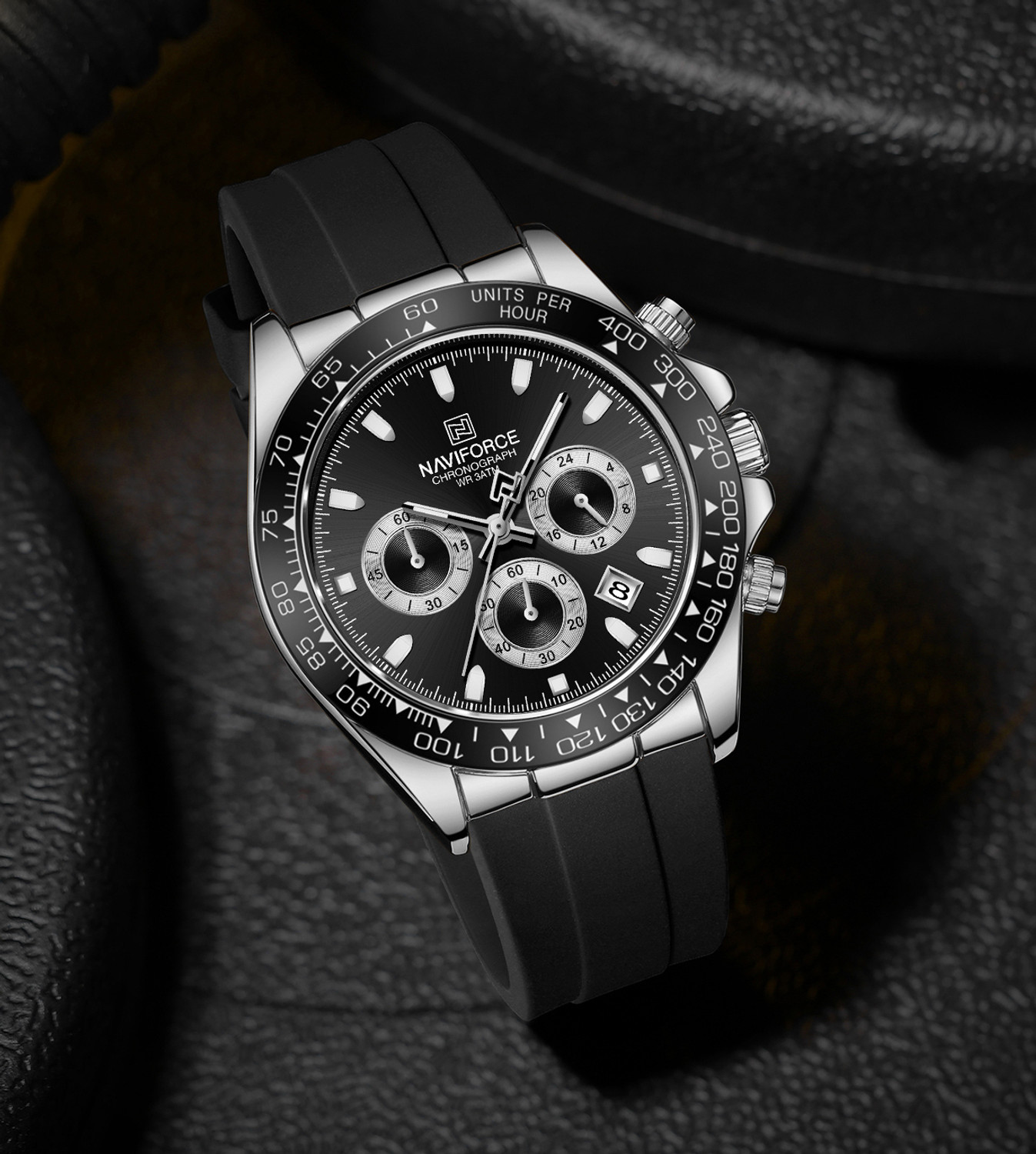 Image of NAVIFORCE Dominant Black with white Chronograph dial with Silicone strap Analog Watch - For Men 7123 Bold Sporty