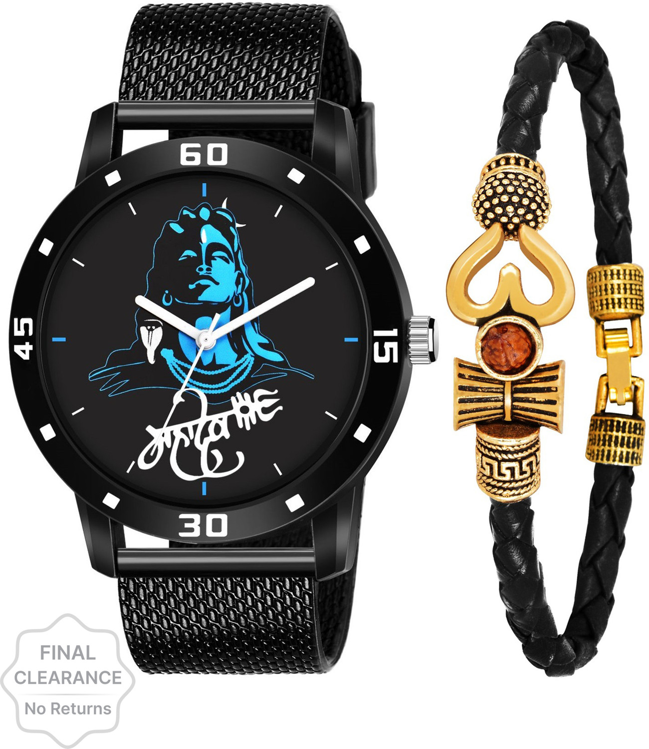 AMINO 583-J-42 Dial Analog Black Rubbers Strap With Mahadev Bracelet combo set For Boy And men Mahadev Watch And Bracelet Combo Set Analog Watch…