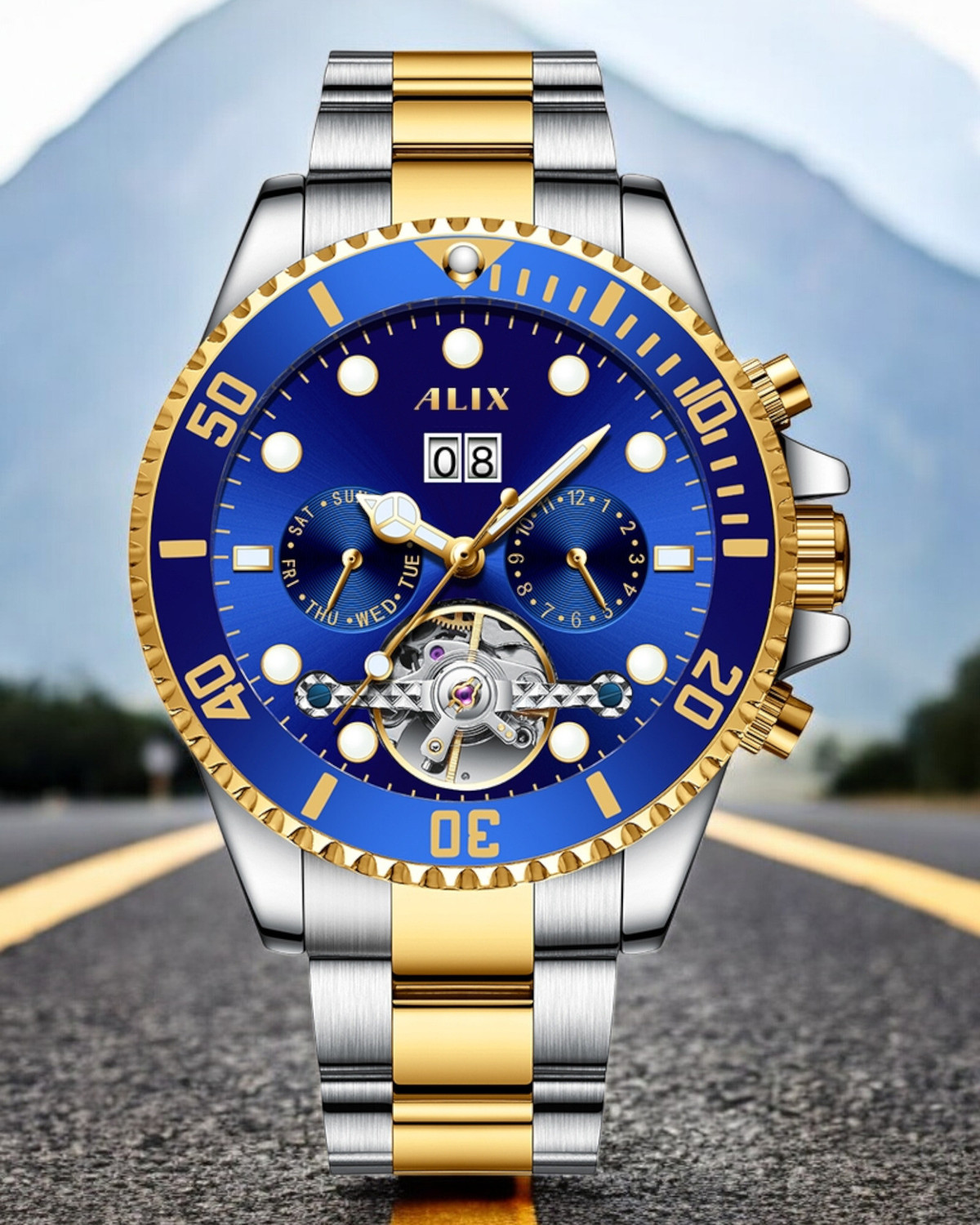 Image of Alix automatic flying wheel tourbillon with date day working silver gold professional Analog Watch - For Men AL2907 Tourbillion