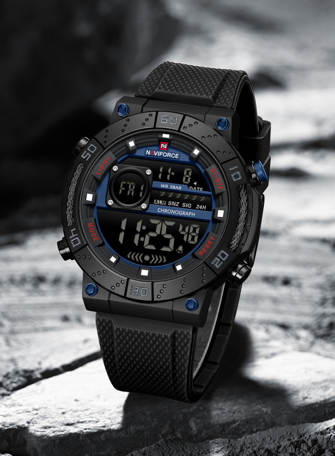 Image of NAVIFORCE Monochromatic Black Multifunctional silicone strap sports Digital Watch - For Men 9241T Sporty Aesthetic