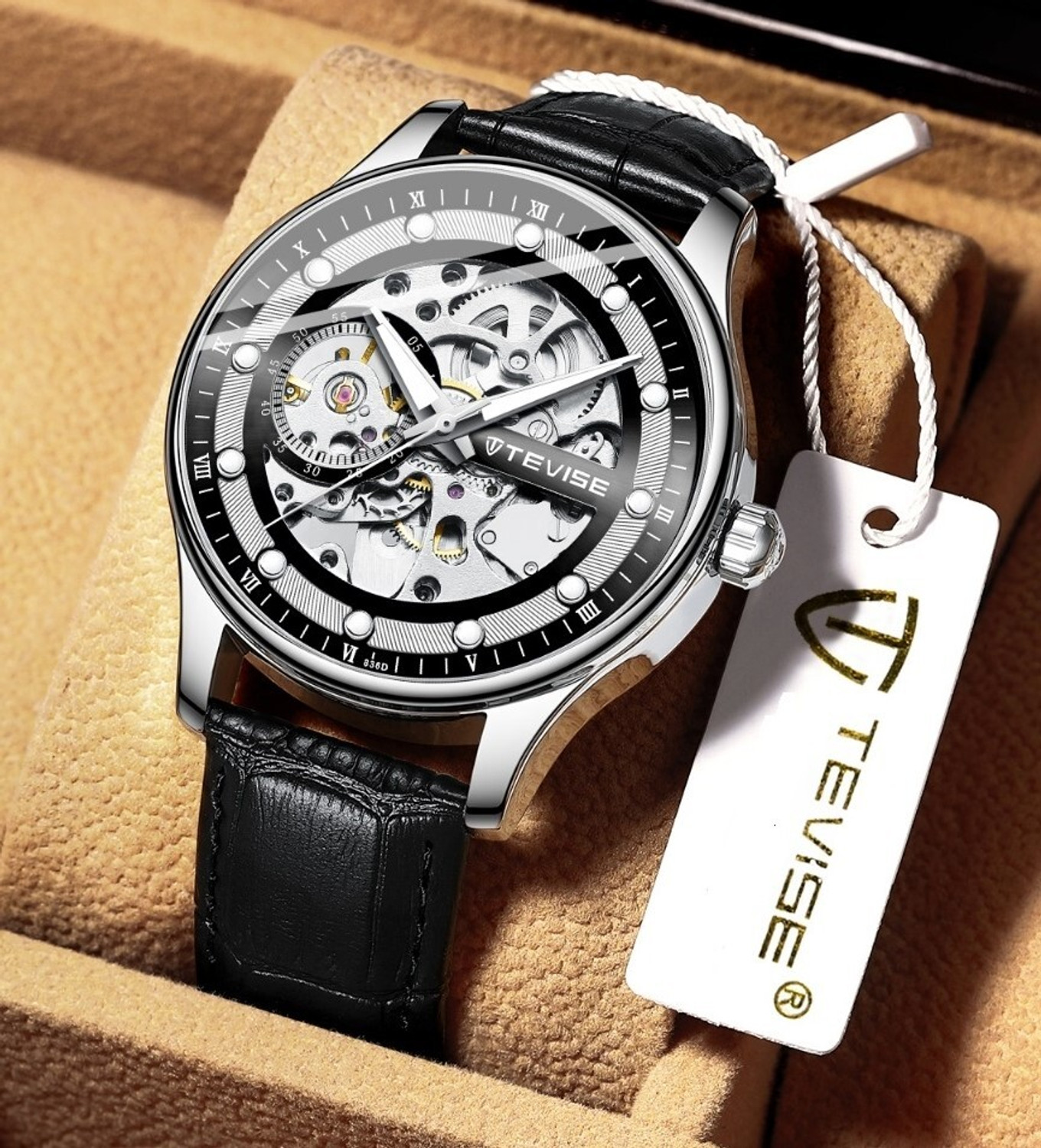 Tevise TEVISE Black Automatic Skeleton Mechanical Dial Luxury leather strap wrist watch Analog Watch - For Men