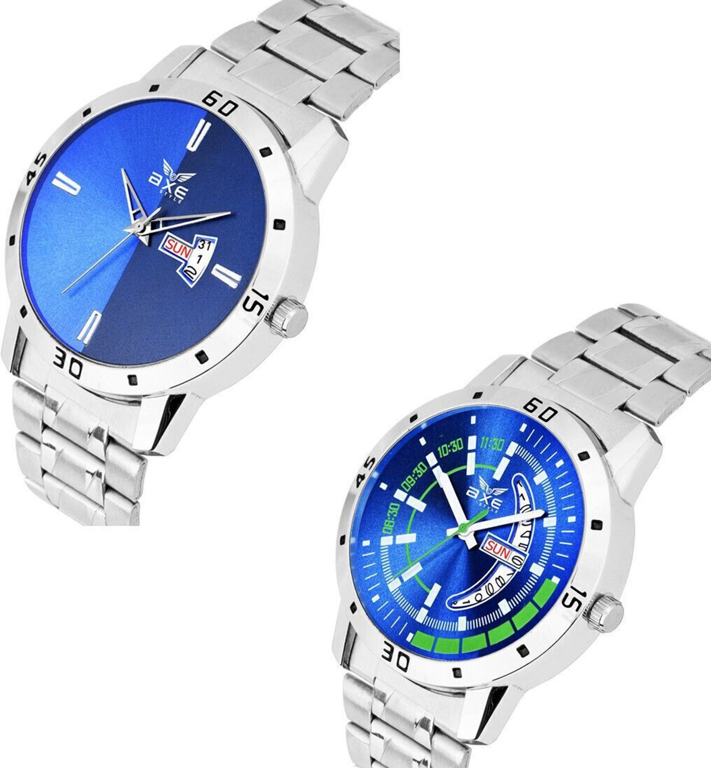 Image of AXE Style DayDate /Brand Stainless Steel Chain Wrist /Hands Company 2 Watch For Mens & Boys Analog Watch - For Men PRESENTS C035 FASHIONABLE BOLD BLUE DAY & DATE 2 WATCH COMBO