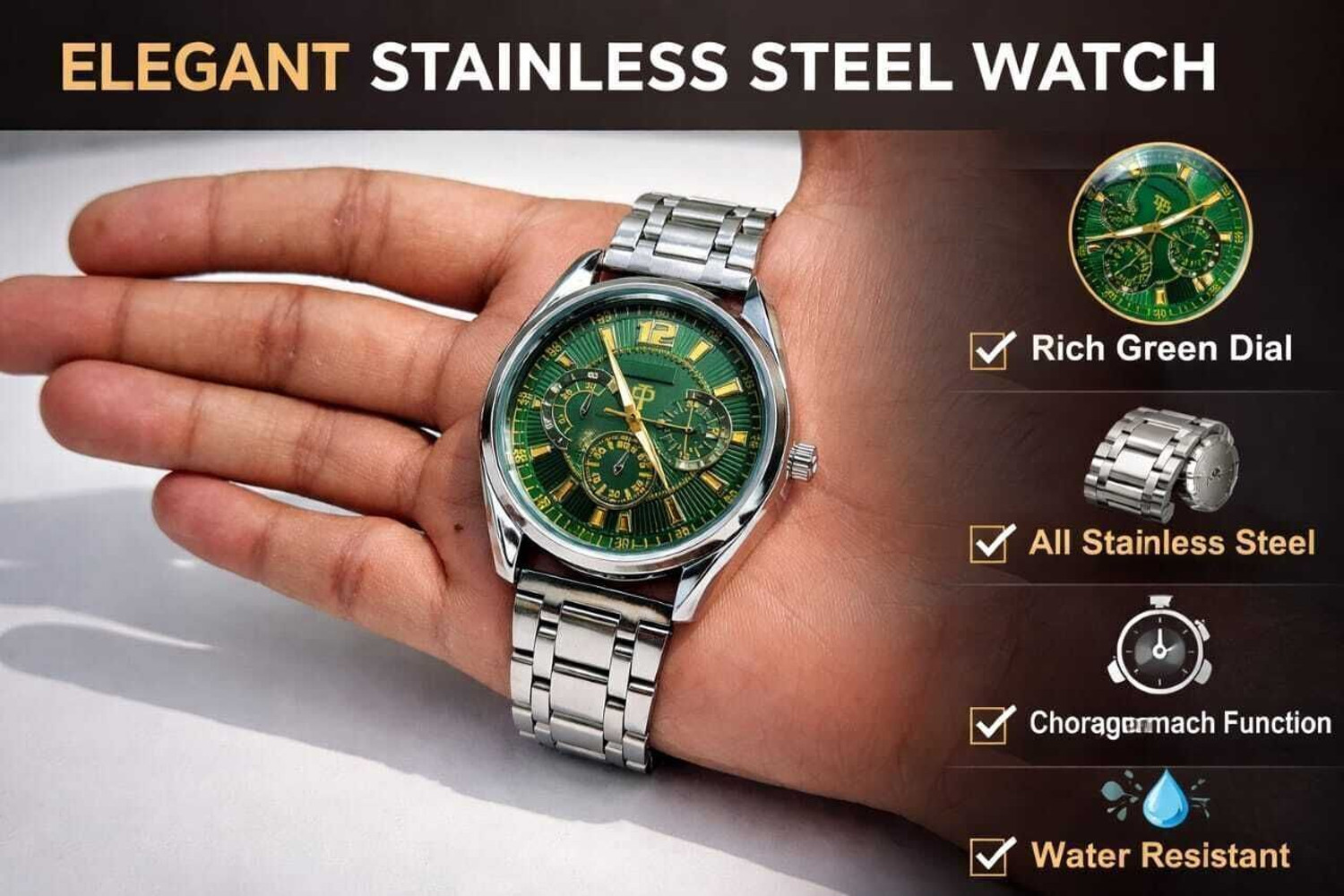 Image of pranisha time luxury green dail watch with stainless steel strap Analog Watch - For Men luxury green dail watch with stainless steel strap
