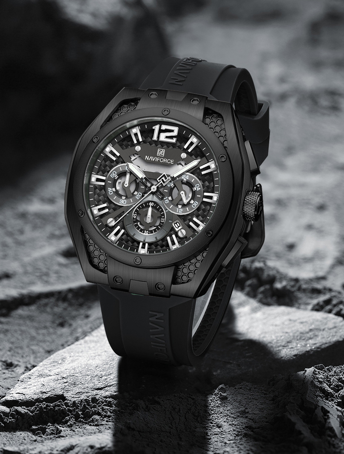 Image of NAVIFORCE Dominant Black with white Chronograph dial with Silicone strap Analog Watch - For Men 7123 Bold Sporty