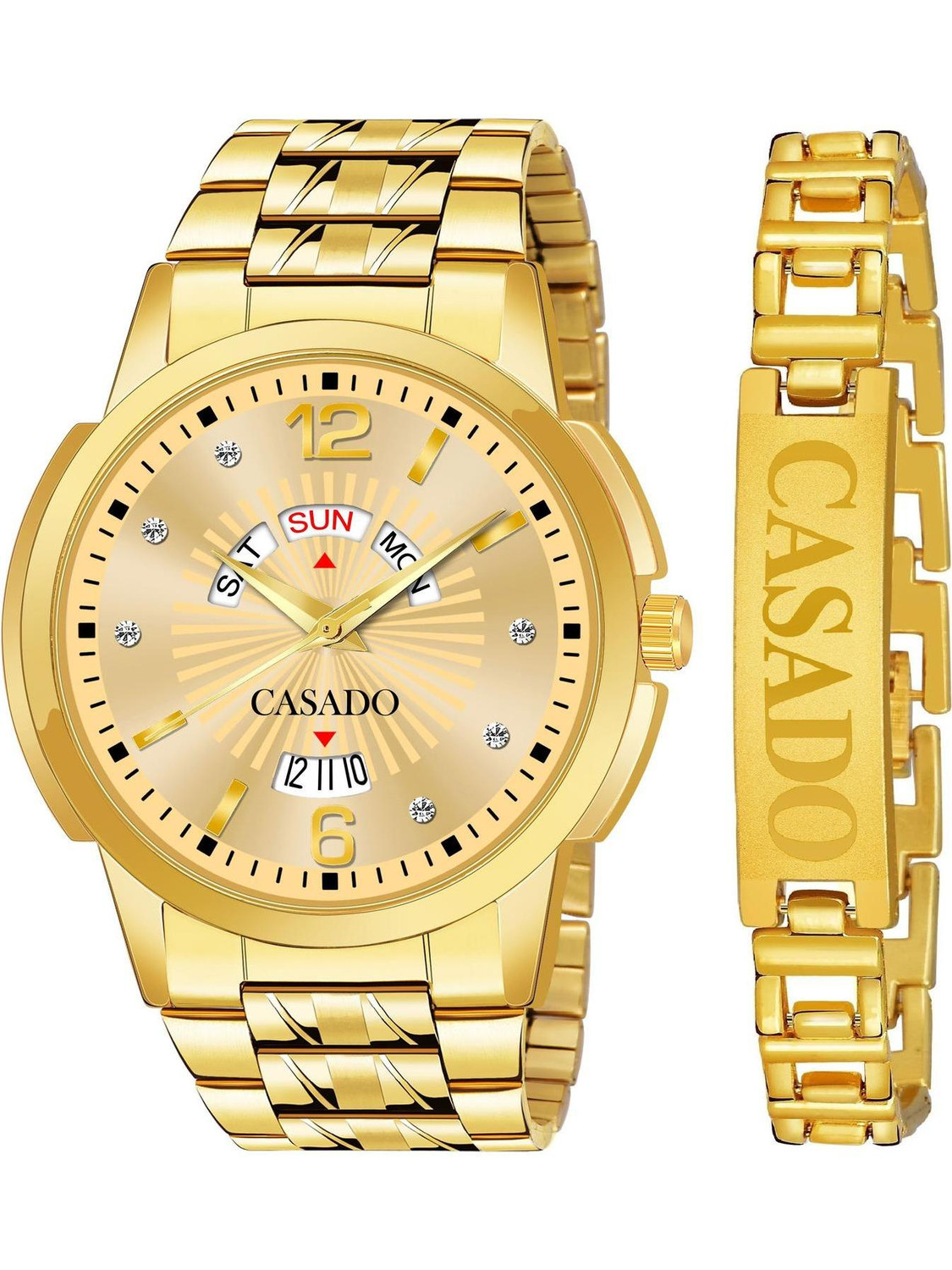 Casado Branded | Gold Plated | Studded | 3D Cut Glass | Day and Date Branded Bracelet | Gold Plated | Studded | 3D Cut Glass | Day and Date Analog Watch - For Men - Image 1
