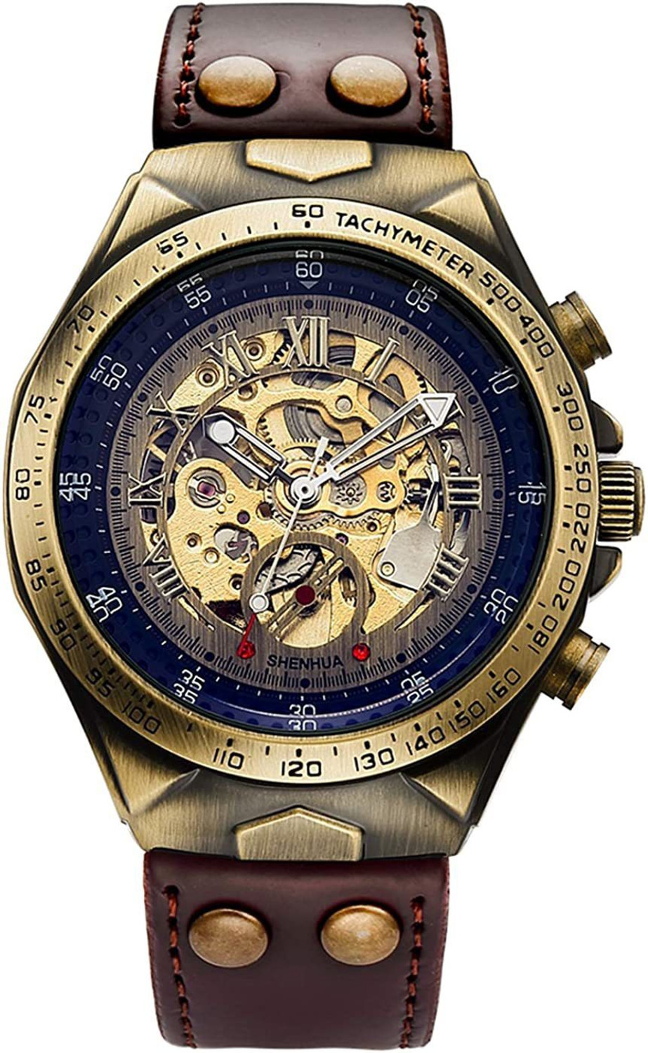 Image of Shenhua Self Winding Automatic Mechanical Unisex Analog Watch - For Men & Women Retro Lifetime Wrist Puls Mechanical Motor Bronze Skeleton Auto Self Winding