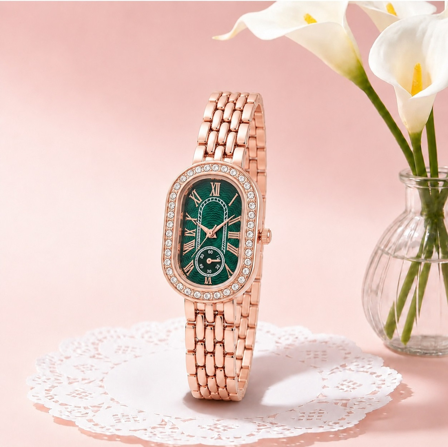 Image of KILLER Capsul Shape Rose gold watch03 Analog Watch - For Women Women Copper Analogue Watch with Emerald Green Oval Dial