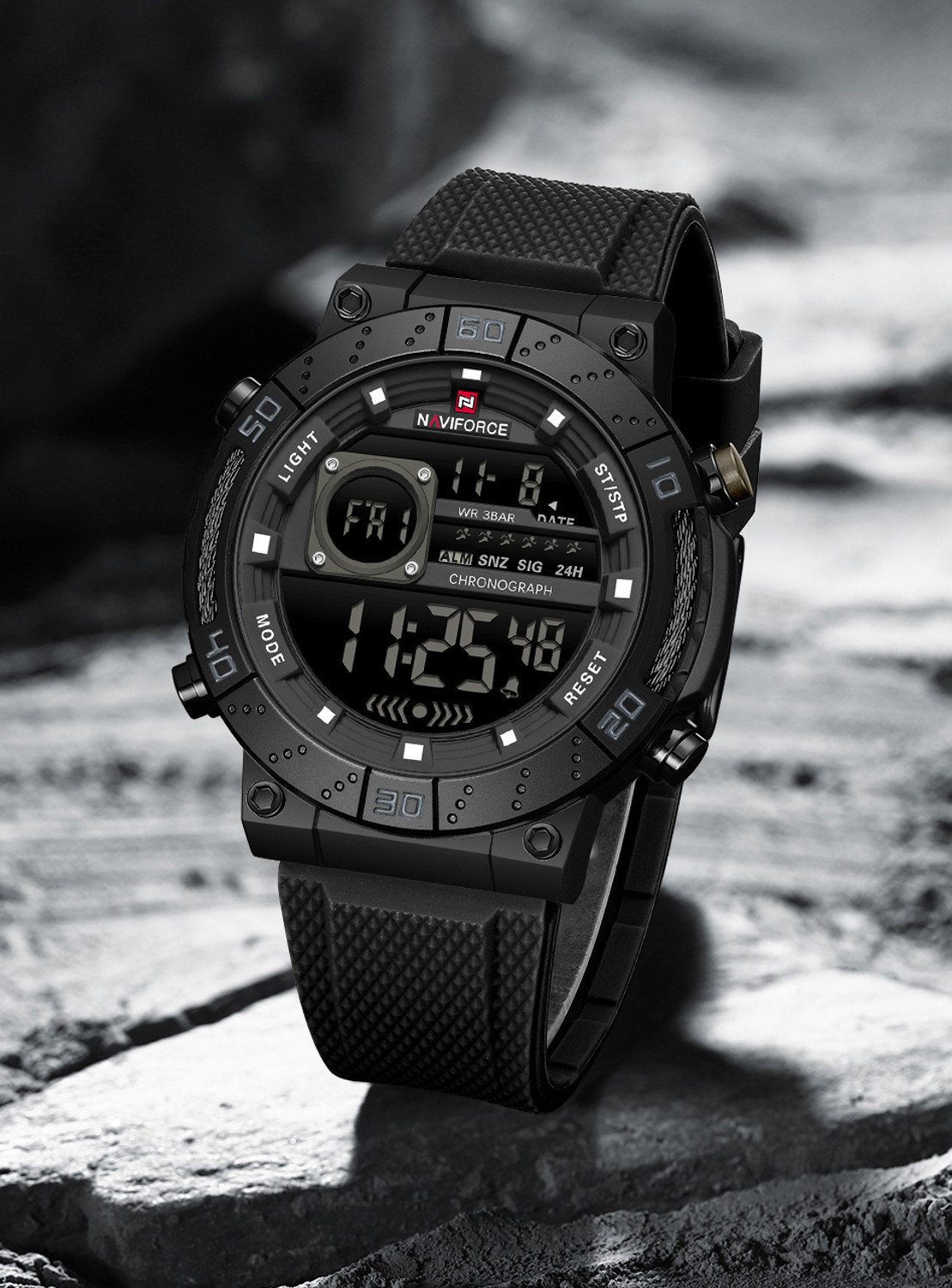 Image of NAVIFORCE Monochromatic Black Multifunctional silicone strap sports Digital Watch - For Men 9241T Sporty Aesthetic