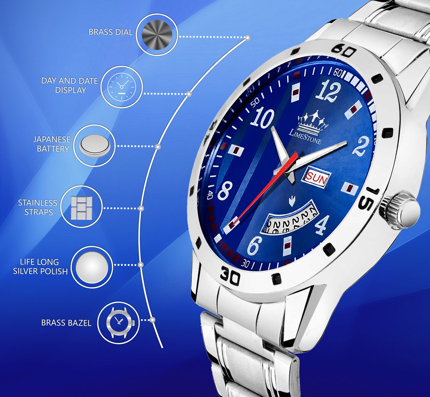 Image of LIMESTONE Day and Date Functioning Stainless Steel Quartz Analog Watch - For Men