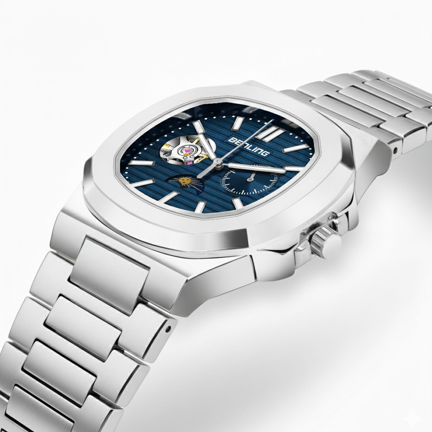 Image of Benling Regalia Series Automatic Watch for Men Analog Watch - For Men - Open Heart Dial with Moonphase | Stainless Steel Chain