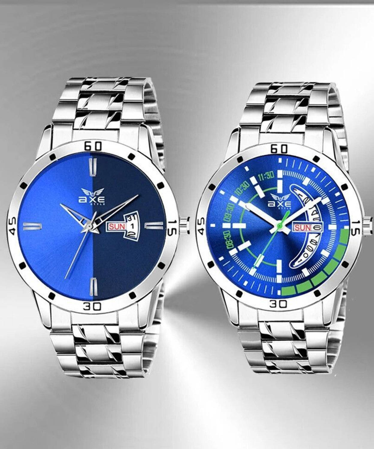 Image of AXE Style DayDate /Brand Stainless Steel Chain Wrist /Hands Company 2 Watch For Mens & Boys Analog Watch - For Men PRESENTS C035 FASHIONABLE BOLD BLUE DAY & DATE 2 WATCH COMBO