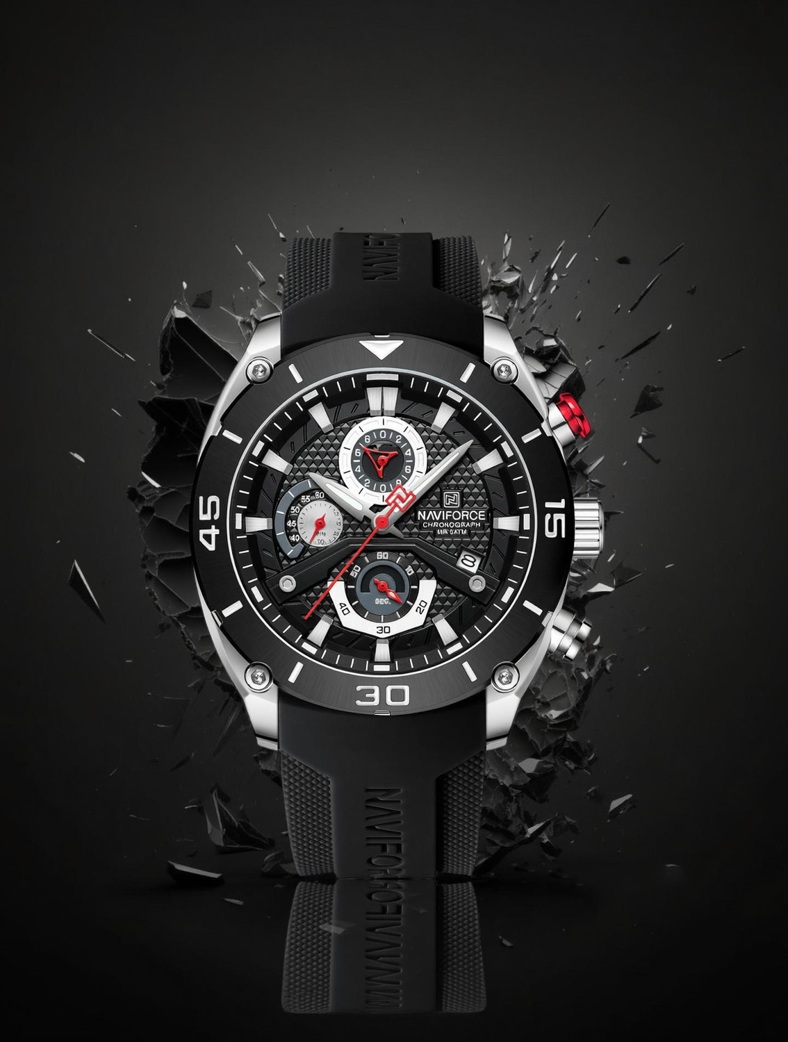 Image of NAVIFORCE Dominant Black with white Chronograph dial with Silicone strap Analog Watch - For Men 7123 Bold Sporty