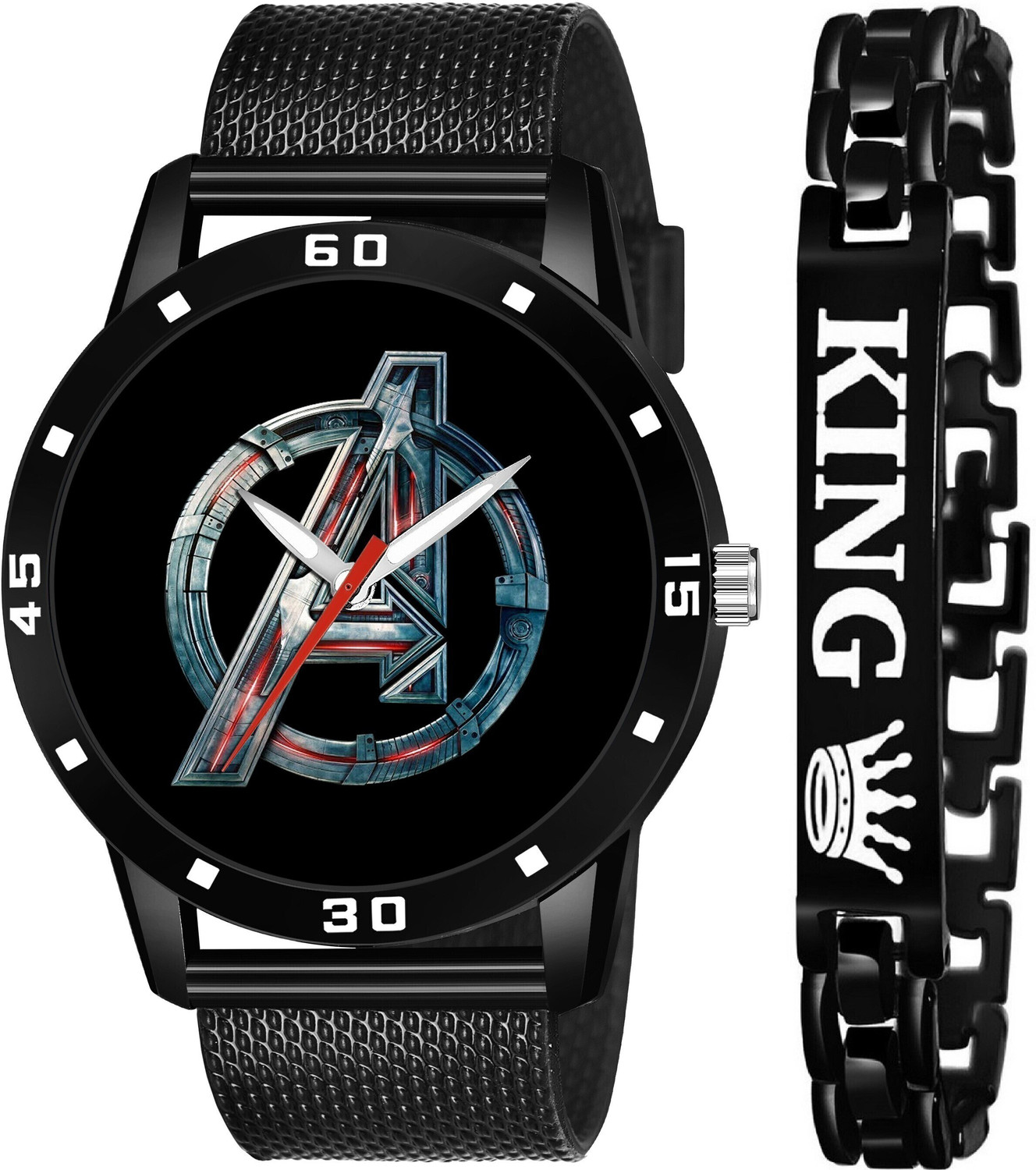 LAXMO New Branded & Stylish Fab Combo Of Black Avenger Dial & Black PU Belt Watch and King Bracelet Analog Watch – For Men