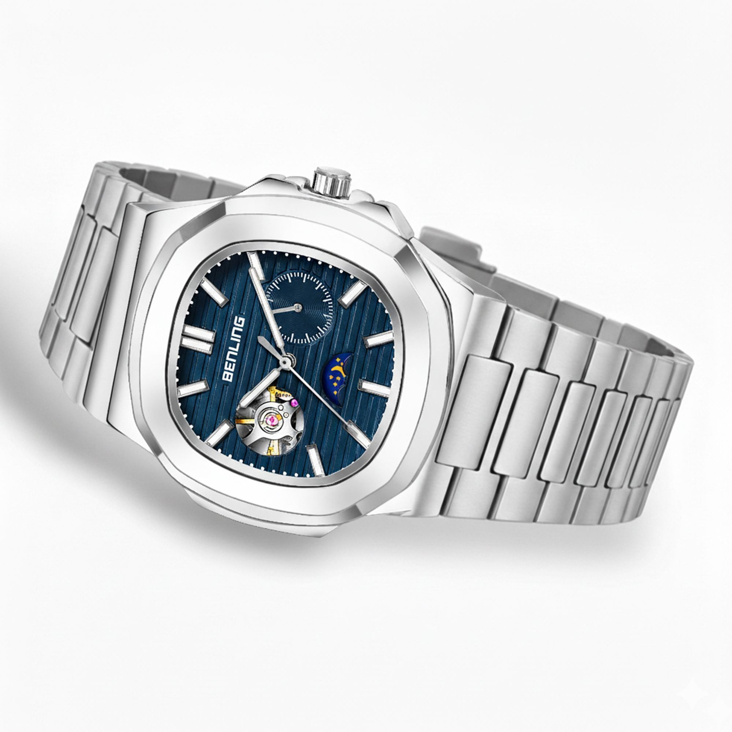 Image of Benling Regalia Series Automatic Watch for Men Analog Watch - For Men - Open Heart Dial with Moonphase | Stainless Steel Chain