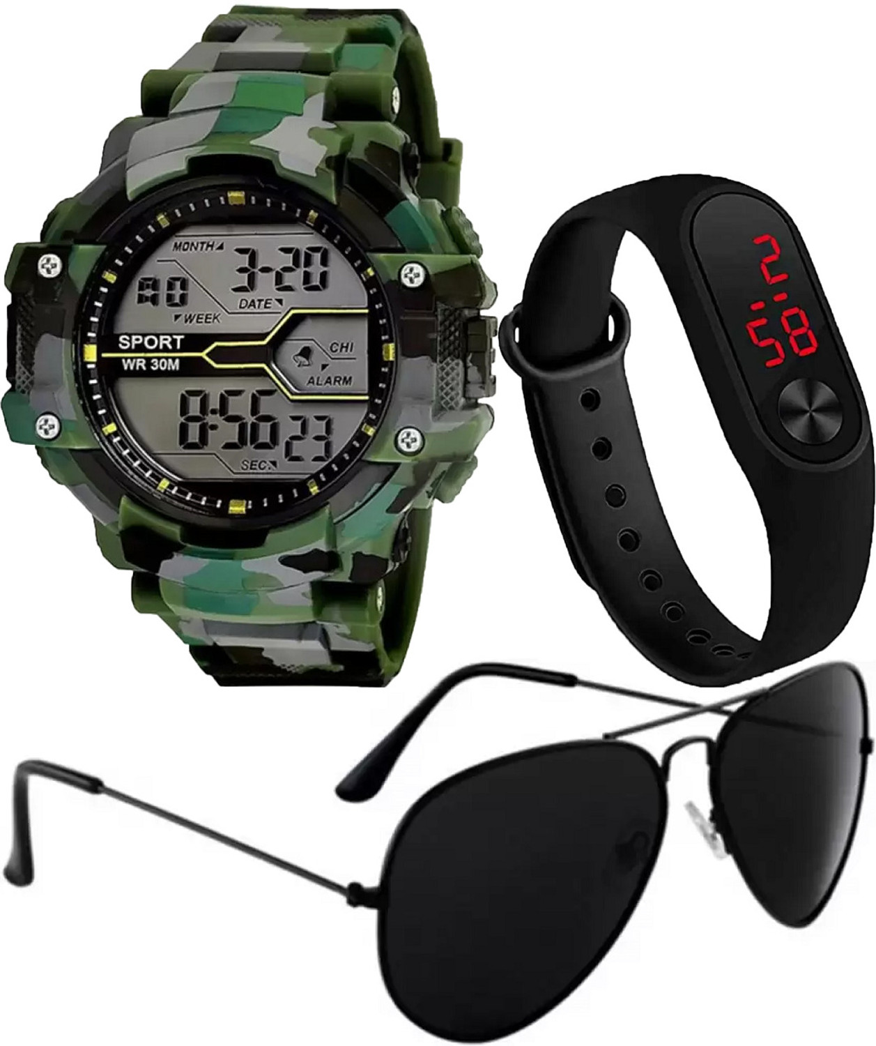 Florida AMERICAN ARMY MILITARY SILICON STRAP LED UV PROTECTION BLACK AVIATOR SUNGLASS Digital Watch – For Boys