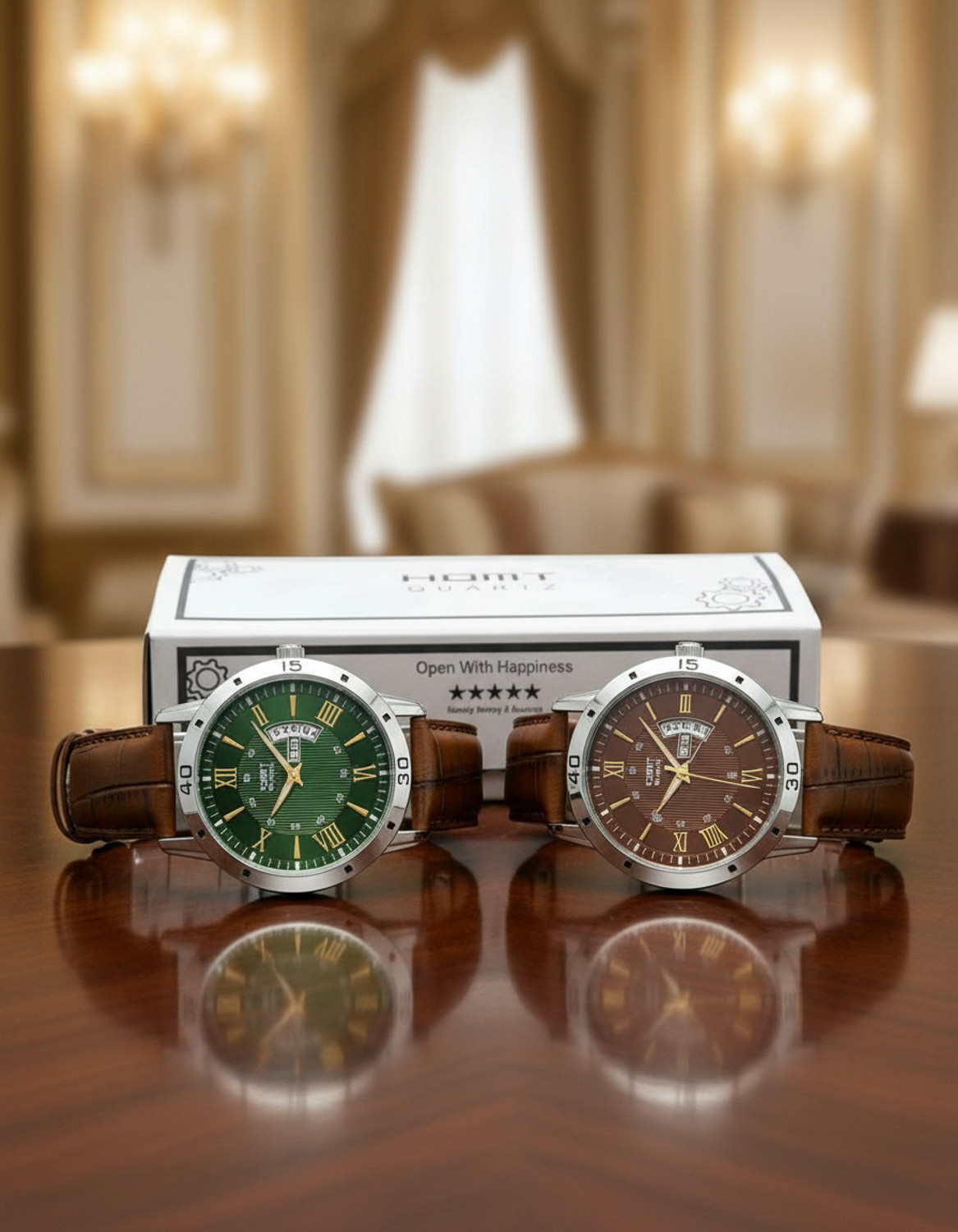 Image of homt Men's Watch Combo of 2 Leather Belt Brown & Green Quartz Analog Watch - For Men Pack Of 2 Wrist Watches ( Day-date working)