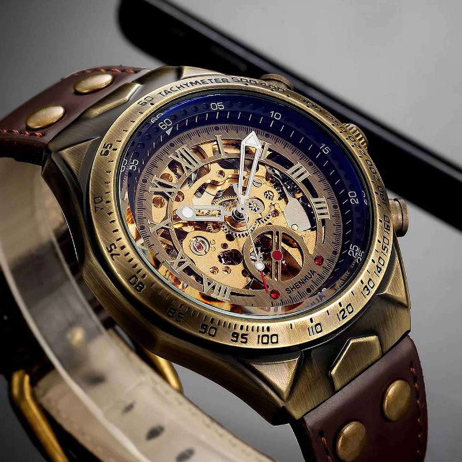 Image of Shenhua Self Winding Automatic Mechanical Unisex Analog Watch - For Men & Women Retro Lifetime Wrist Puls Mechanical Motor Bronze Skeleton Auto Self Winding