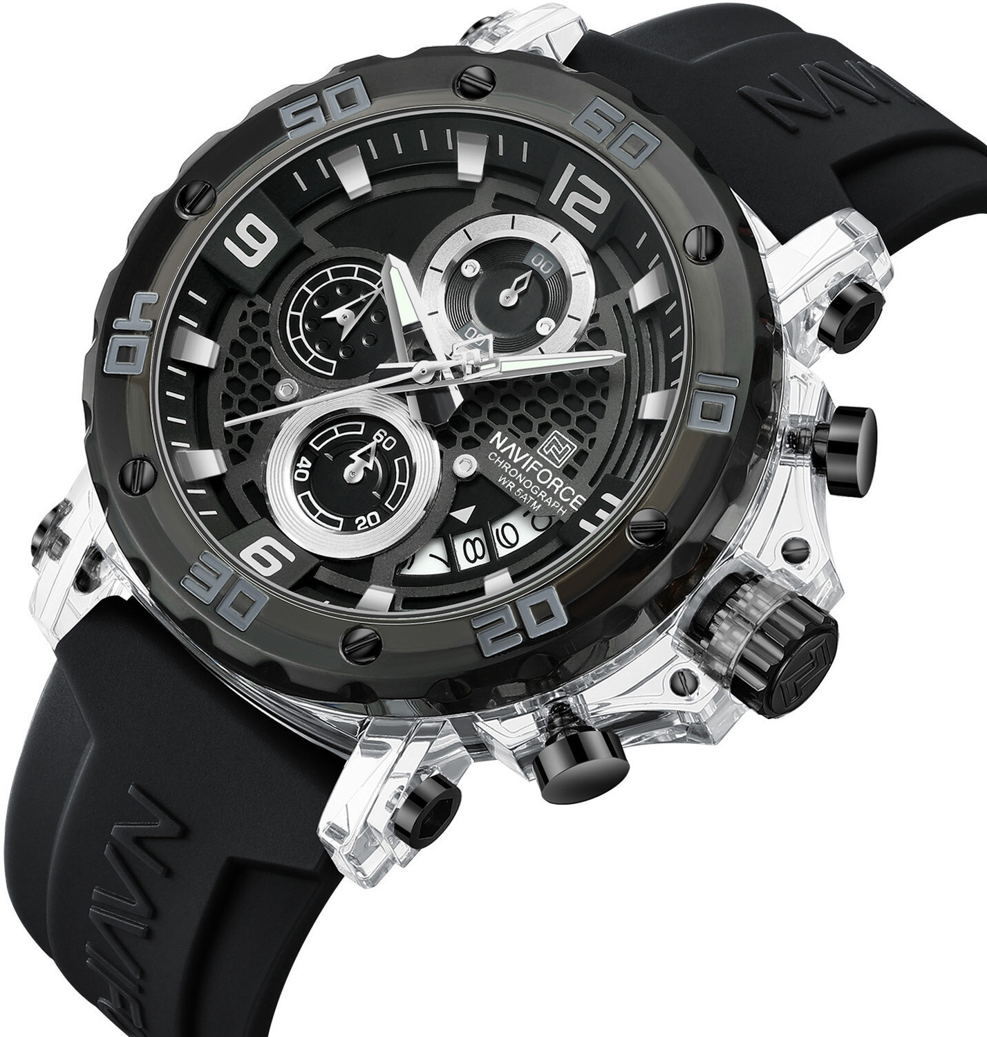 Image of NAVIFORCE Dominant Black with white Chronograph dial with Silicone strap Analog Watch - For Men 7123 Bold Sporty