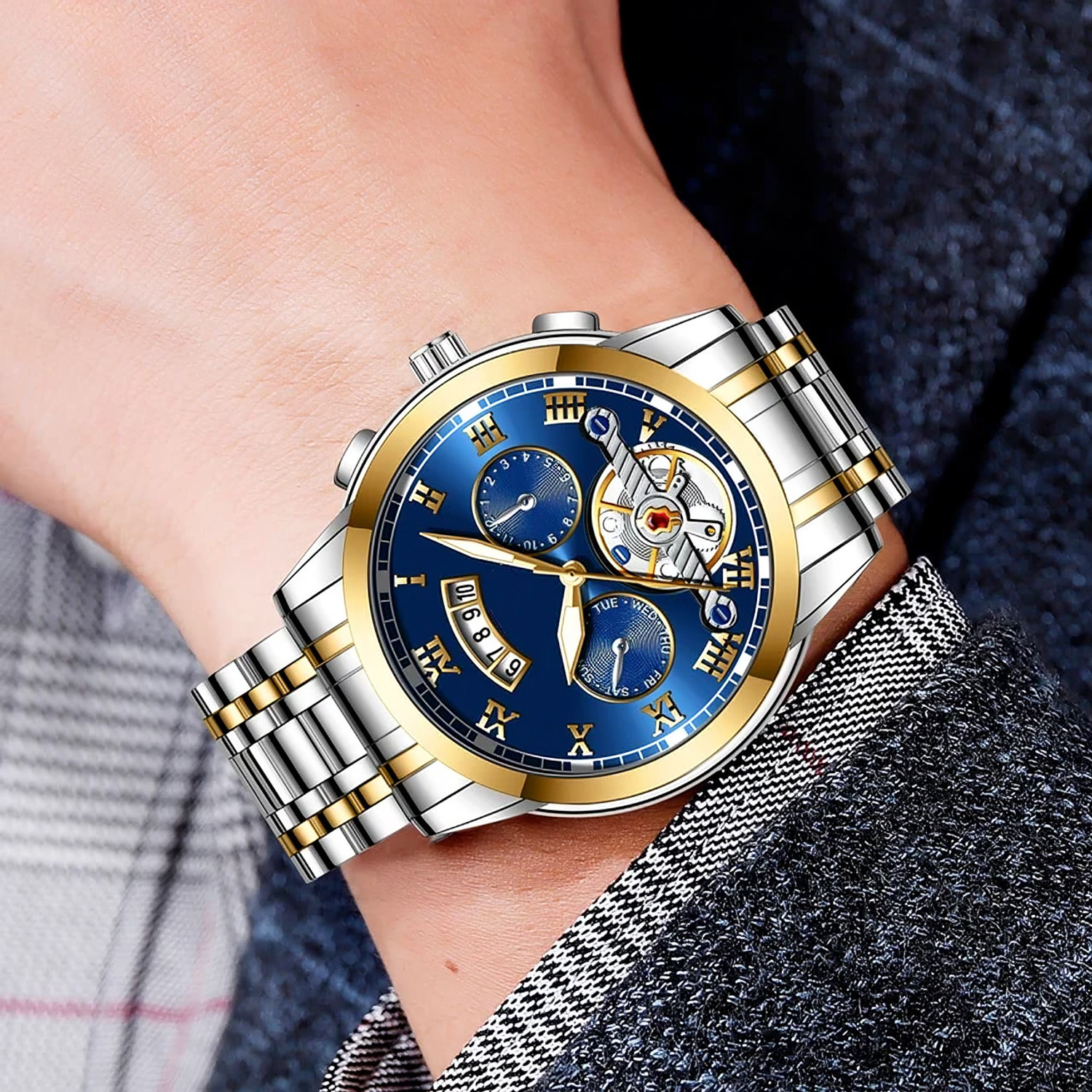 Image of Kitcone Analog mens watches watches for men - NIJ26 Analog Watch - For Men MENS WATCHES WATCHES FOR MENS LATEST STYLISH GOLDEN METAL DIAMOND STUDDED- NI26