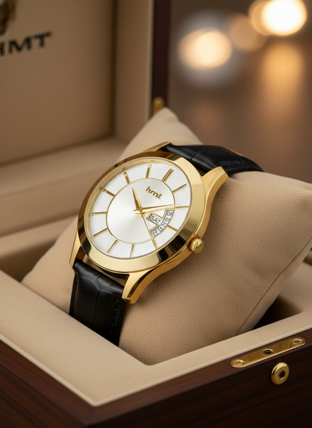 Image of hmt QUARTZ premium quality white dial leather brown strap dedate function mens watch Analog Watch - For Men RN 400 WHITE DAIL BROWN STRAP