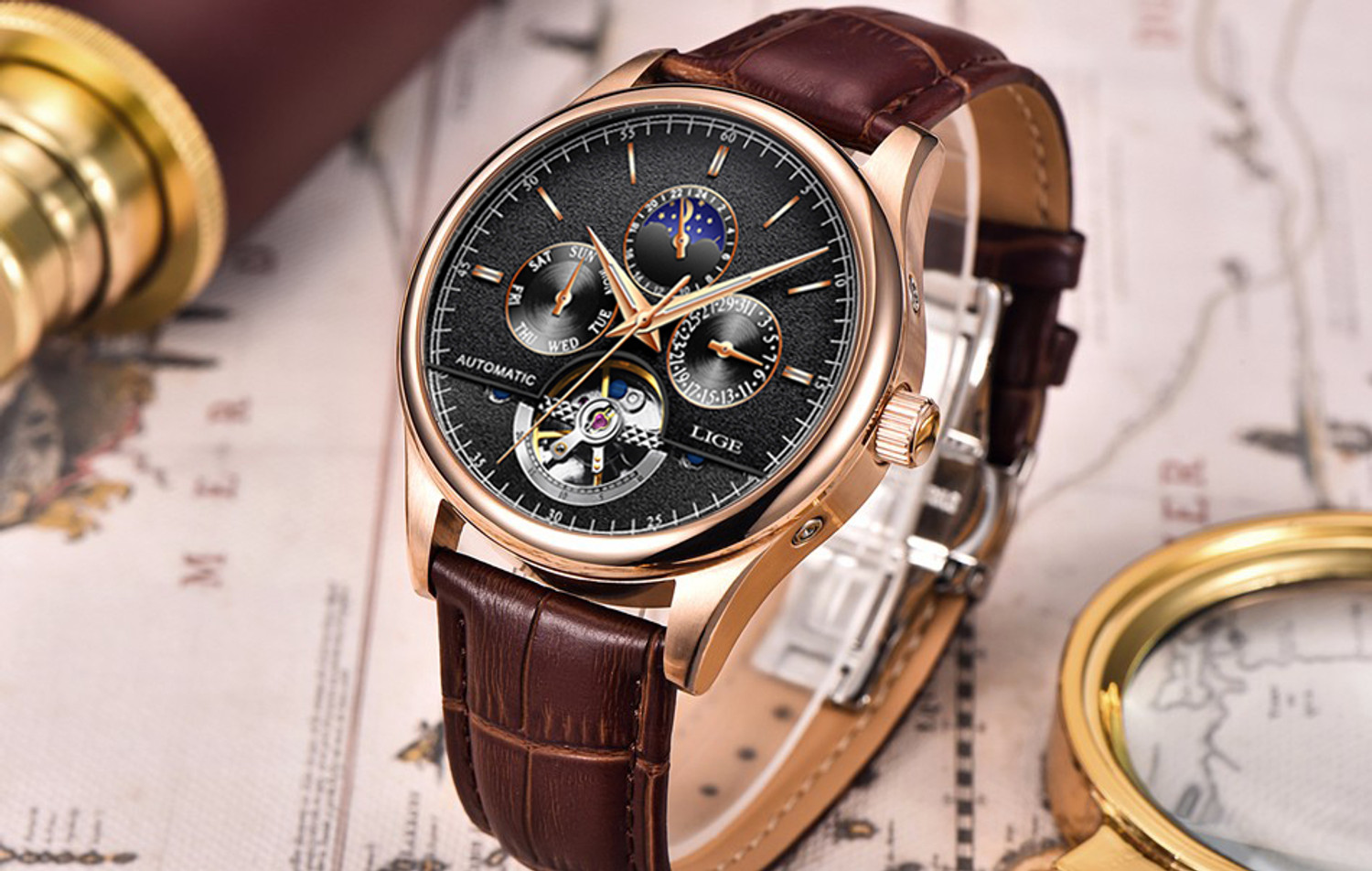 Lige Mens Automatic Chronograph Mechanical Skeleton Watch - Image 1