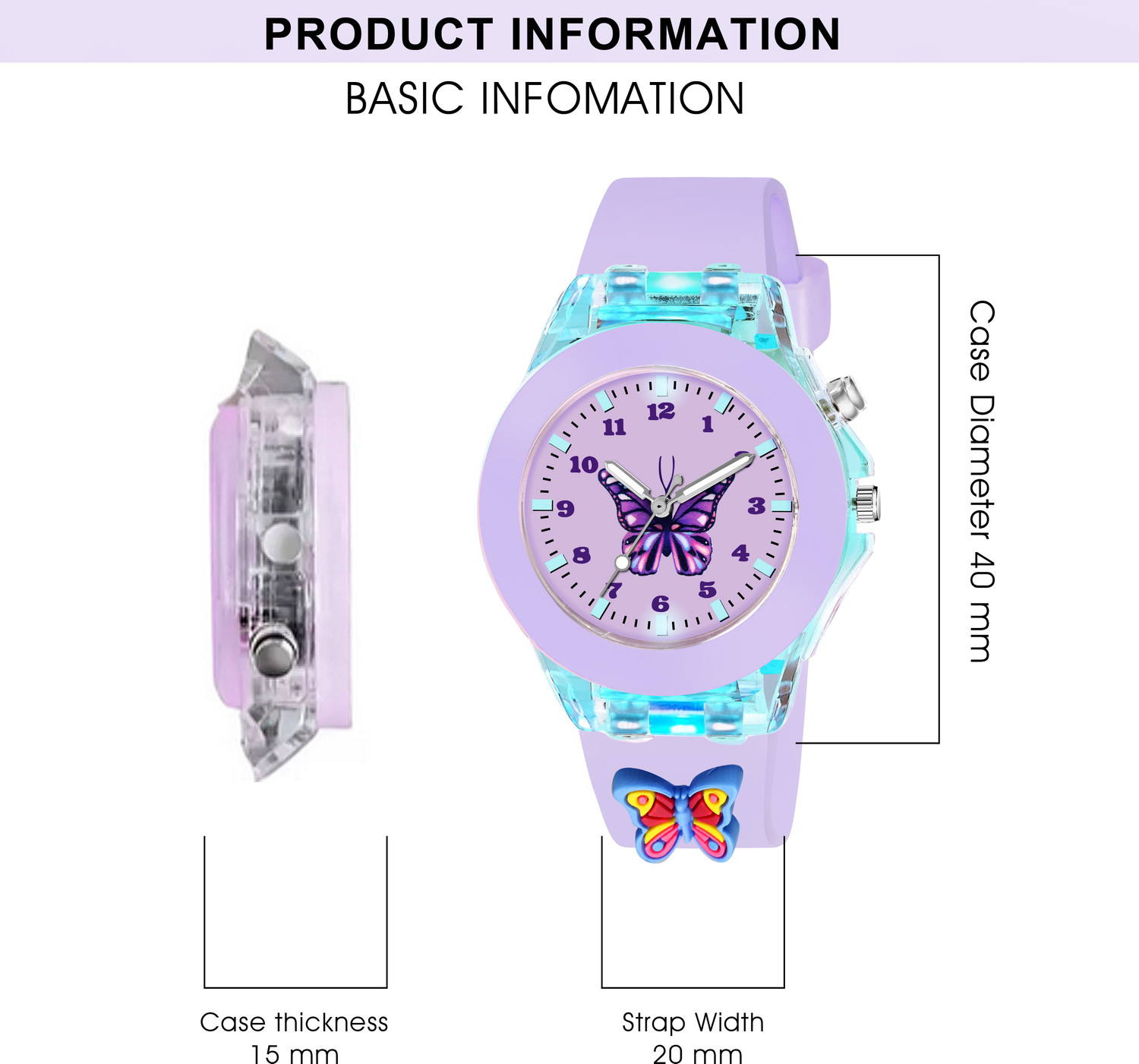 Image of MAAN INTERNATIONAL Kids Butterfly Fantasy Cartoon LED Light Purple Silicone Strap Analog Watch - For Boys & Girls BF-PURPLE