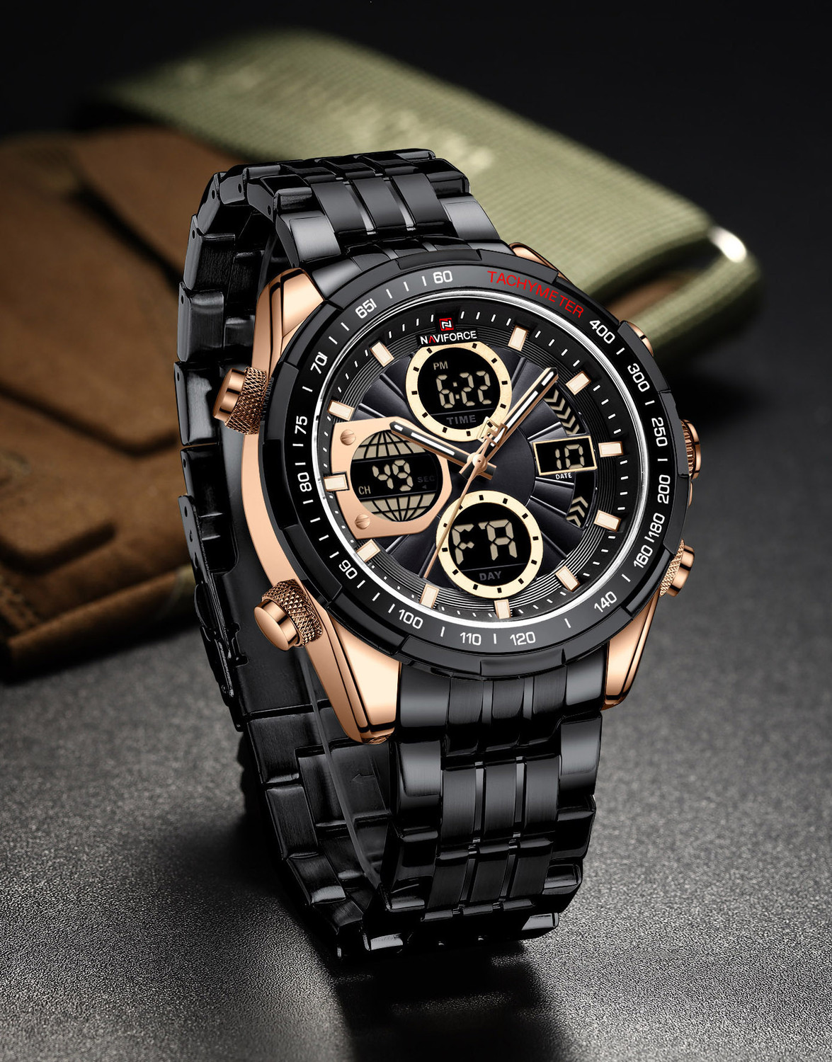 Image of NAVIFORCE Full Black Dial and Stainless Steel Strap Analog Watch - For Men NF9206 Stylish Date Display