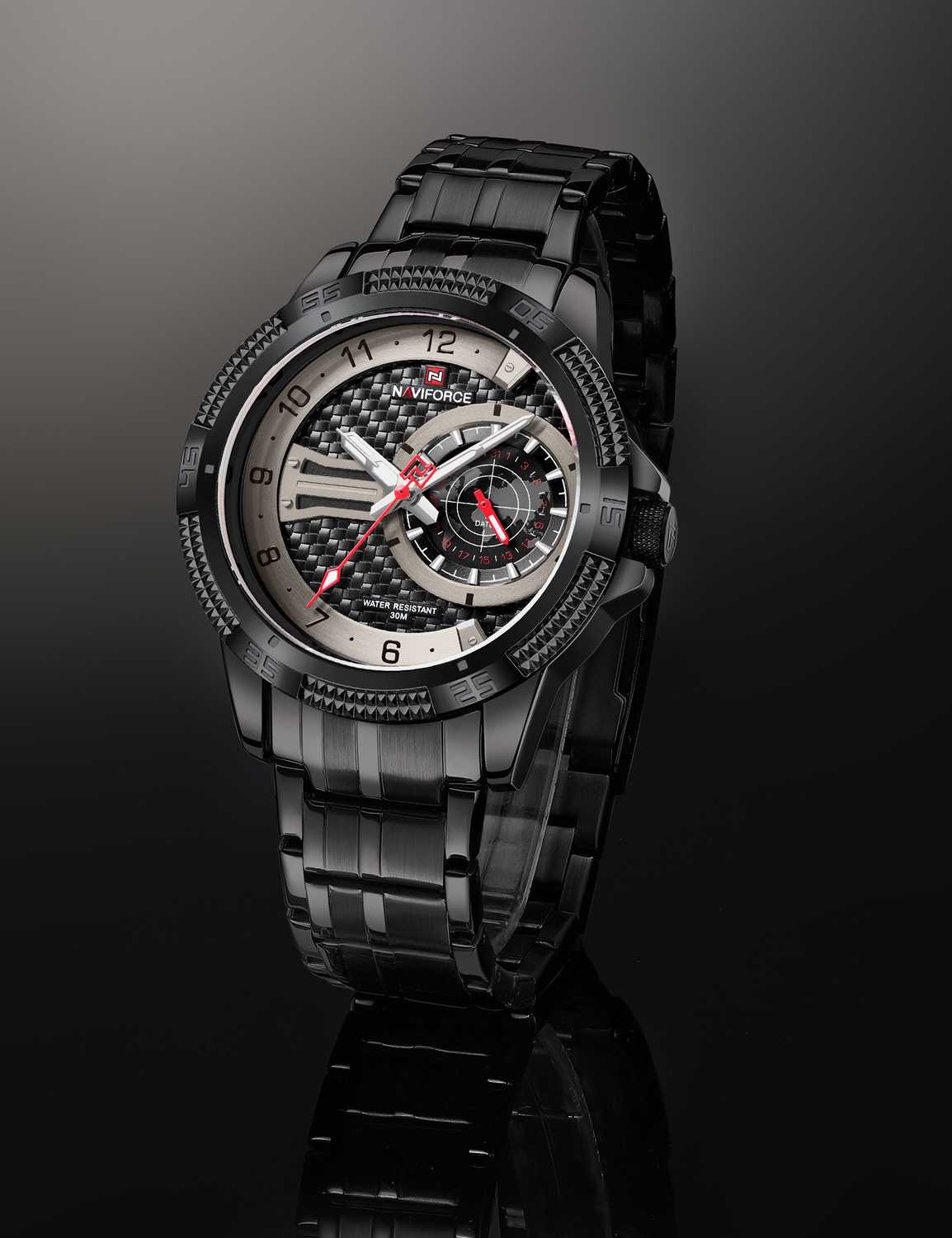 Image of NAVIFORCE Full Black Dial and Stainless Steel Strap Analog Watch - For Men NF9206 Stylish Date Display