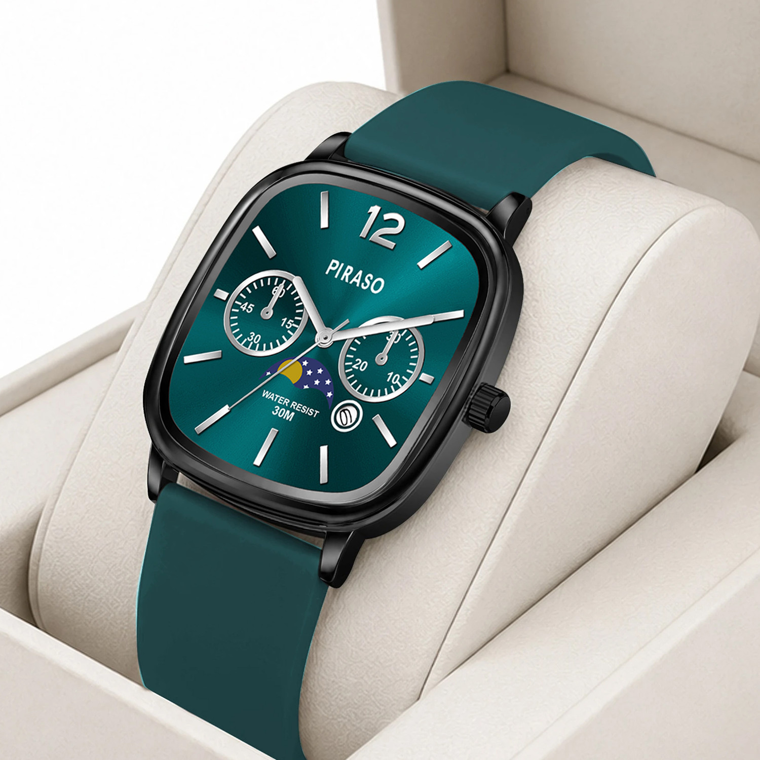 Piraso Square Dial Stainless Steel Case Silicone Strap Analog Watch - Image 1
