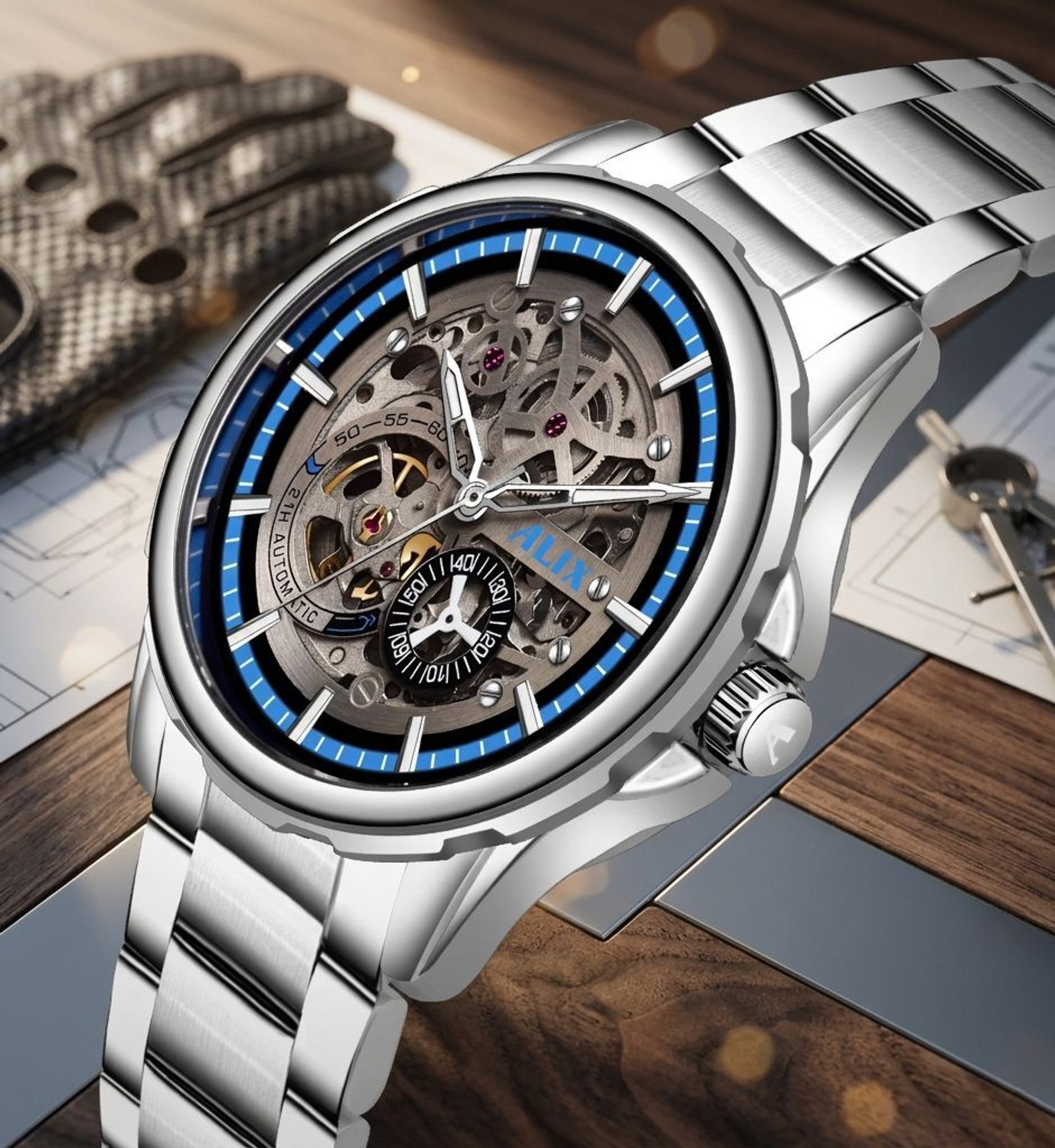 Image of Alix Silver Stainless Steel Sport Mechanical dial with working second chronograph Analog Watch - For Men AL2918 Classical Element