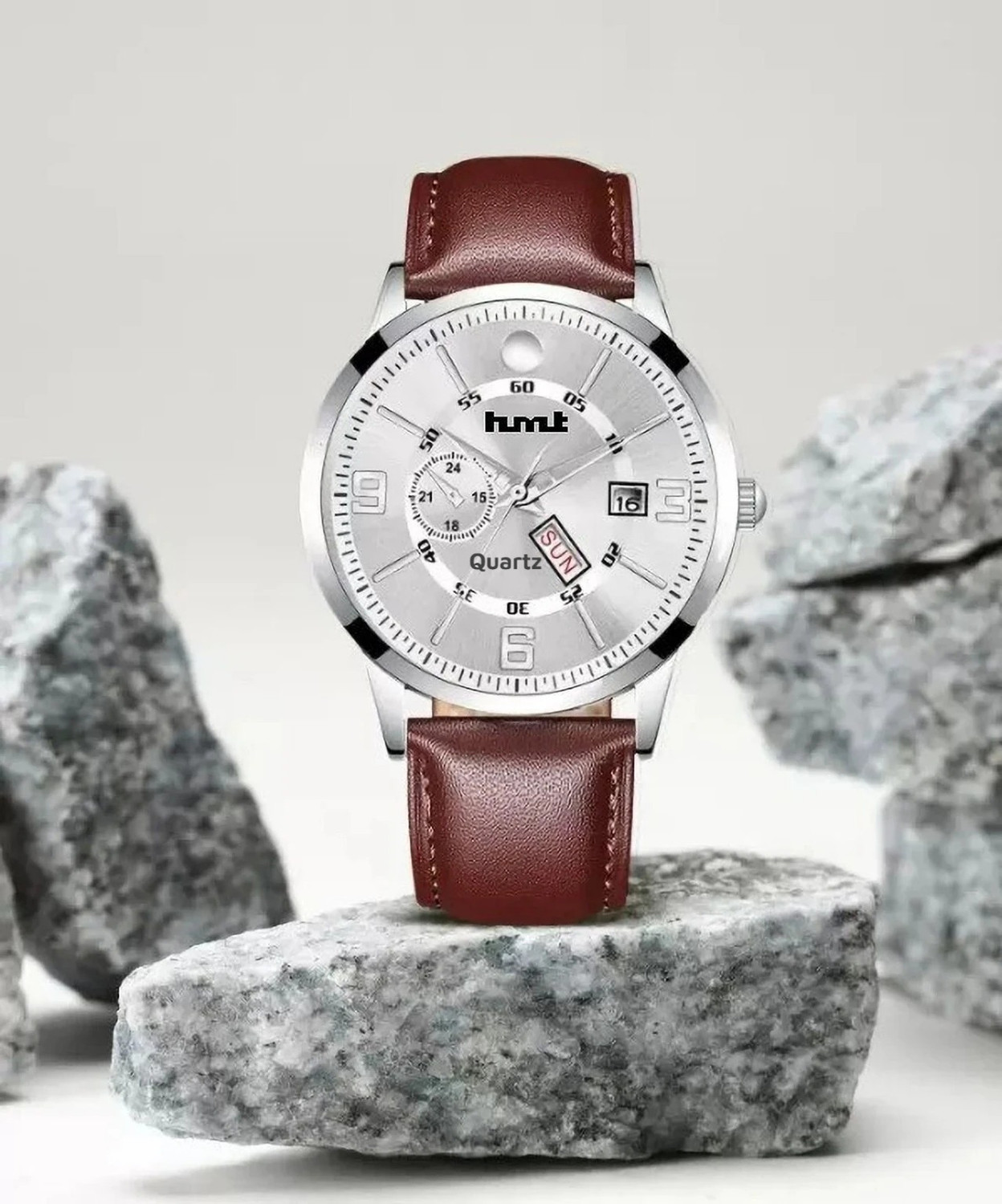 Image of hmt QUARTZ premium quality white dial leather brown strap dedate function mens watch Analog Watch - For Men RN 400 WHITE DAIL BROWN STRAP