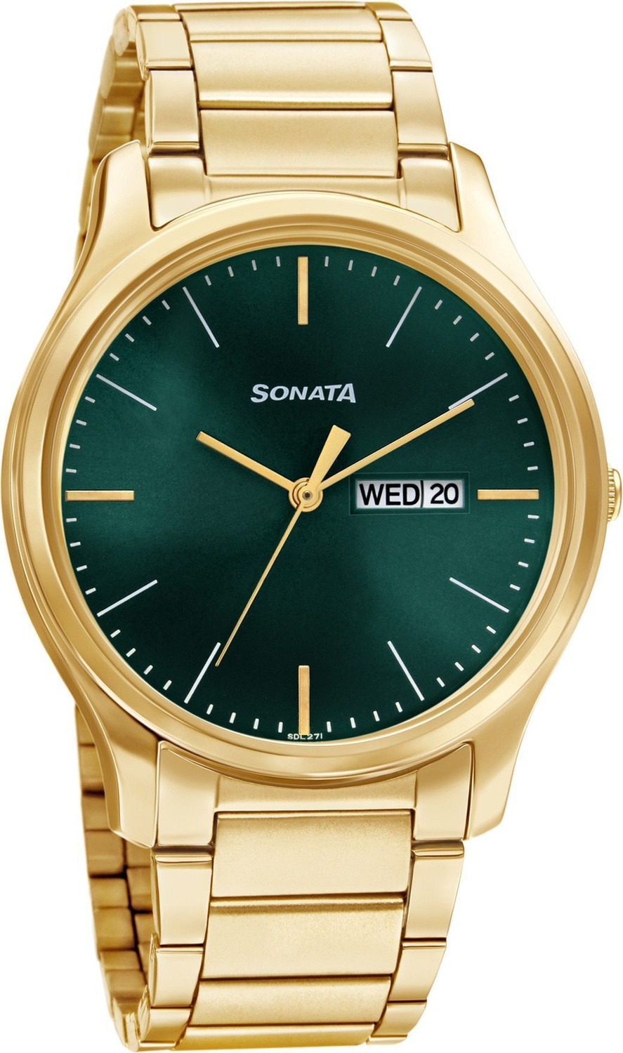 Sonata ESSentials Forest Green Dial Gold SS Strap Analog Watch For Men - Image 1