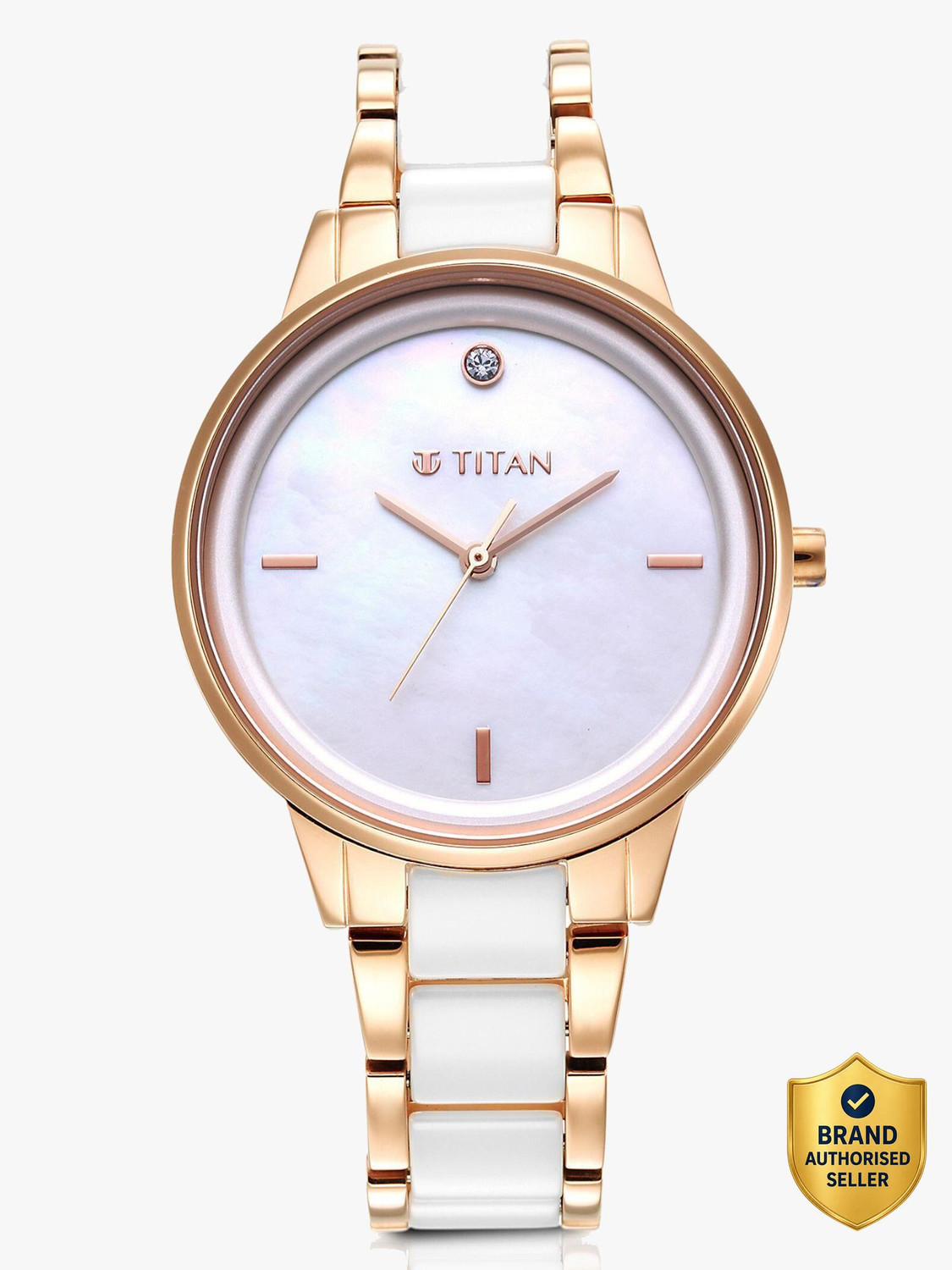 Titan Purple Ceramic Titan White MOP Dial RoseGold Steel & White Ceramic Strap Analog Watch - For Women