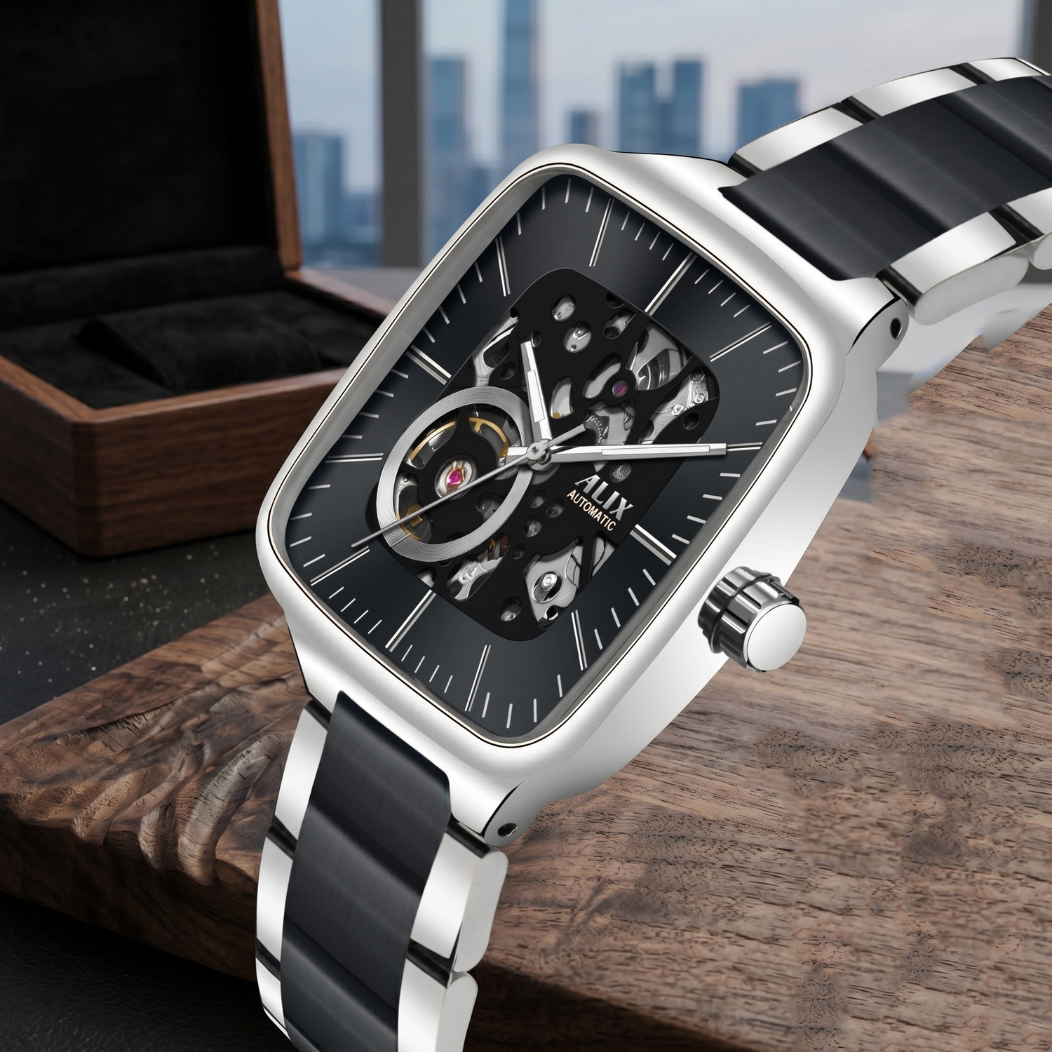 Image of Alix Stainless Steel Silver and Black Two Tone Strap with square skeleton dial Analog Watch - For Men AL2914 Automatic Square Dial