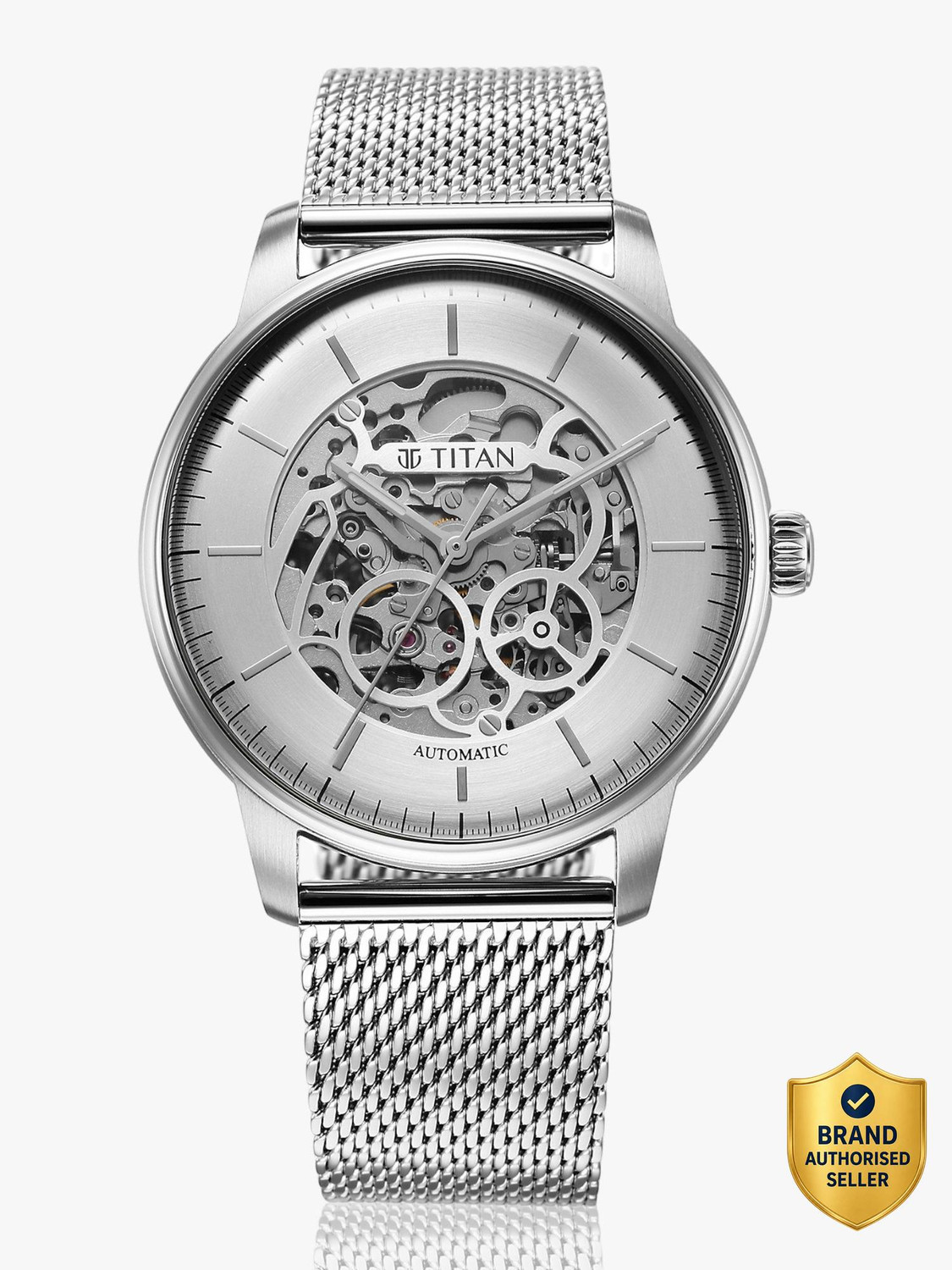 Titan Automatic Silver Dial Silver Metal Strap Analog Watch - For Men 90195SM02 - Image 1