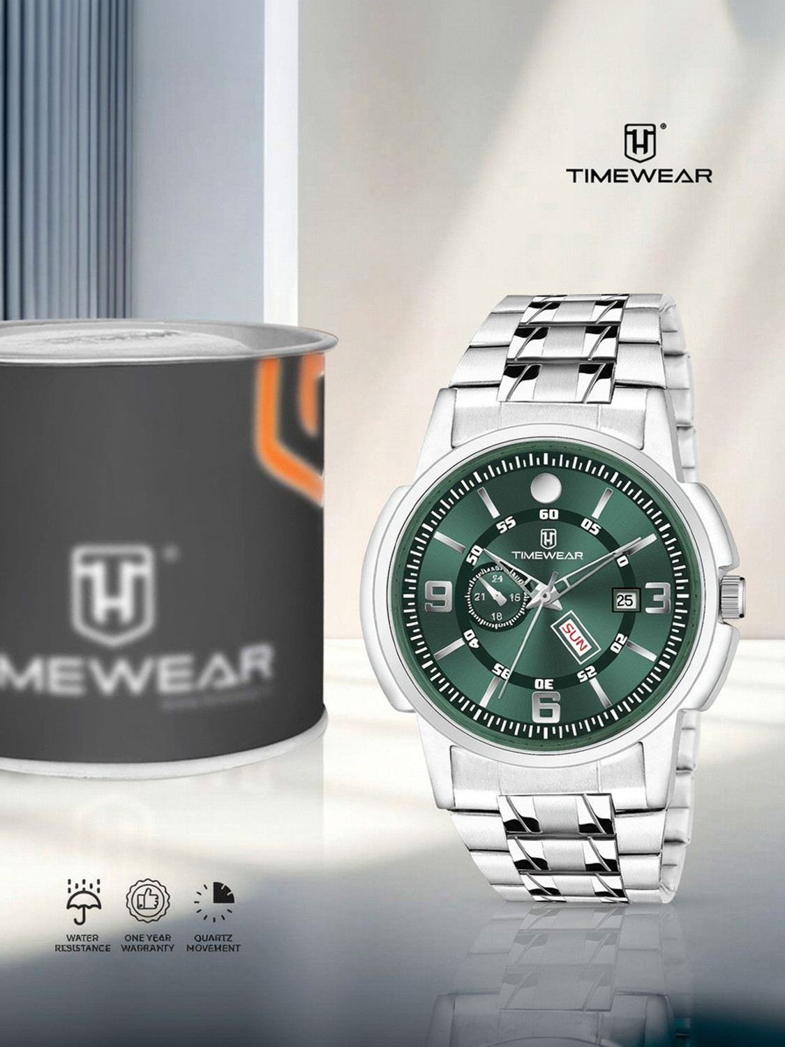 TIMEWEAR Green Dial Day Date Stainless Steel Watch 336GDTG - Image 1