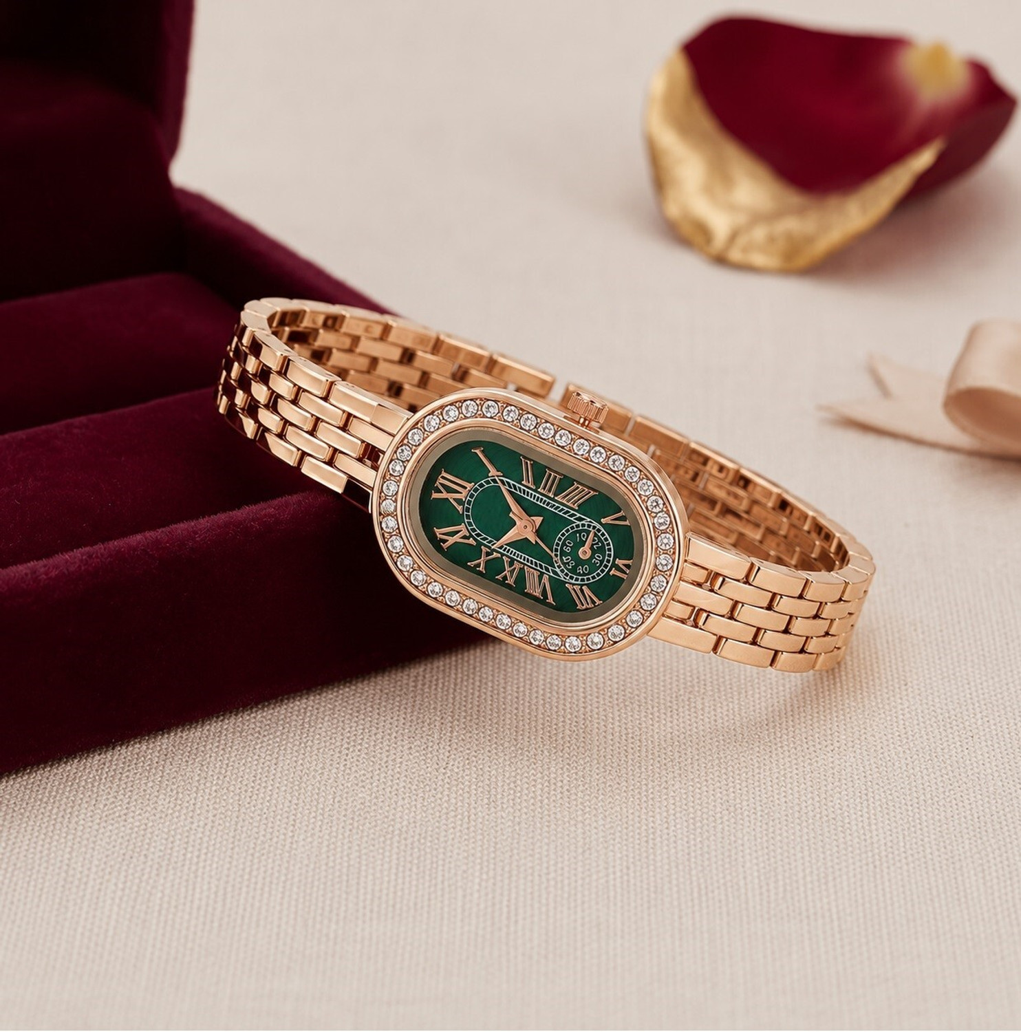 Image of KILLER Capsul Shape Rose gold watch03 Analog Watch - For Women Women Copper Analogue Watch with Emerald Green Oval Dial