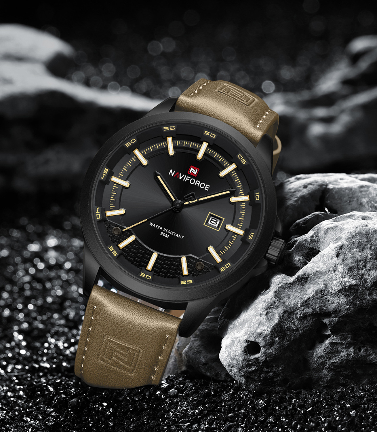 Image of NAVIFORCE Brown Men's Trendy Leather Strap Sports Waterproof Luminous Analog Watch - For Men NF9248L Simple and stylish