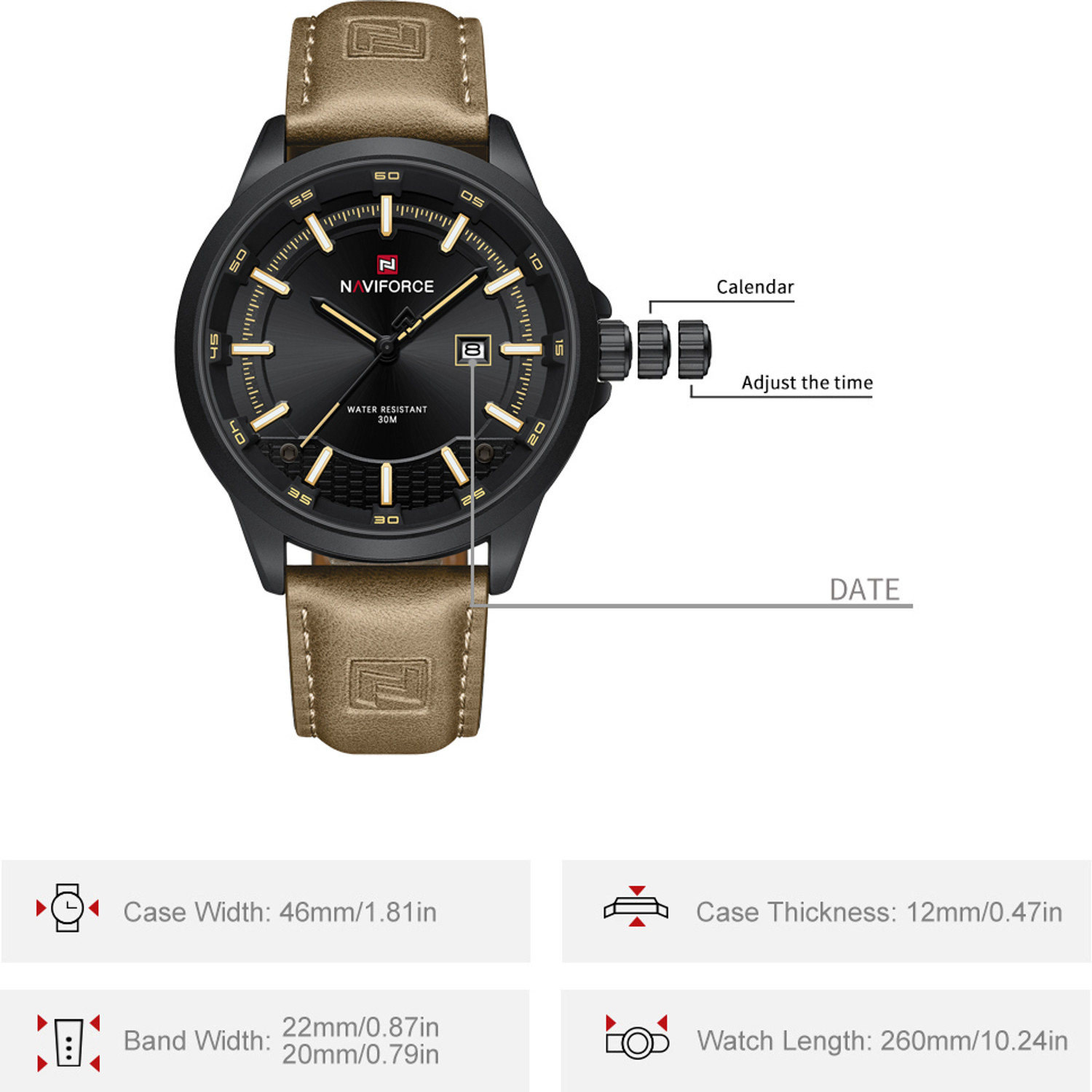 Image of NAVIFORCE Brown Men's Trendy Leather Strap Sports Waterproof Luminous Analog Watch - For Men NF9248L Simple and stylish