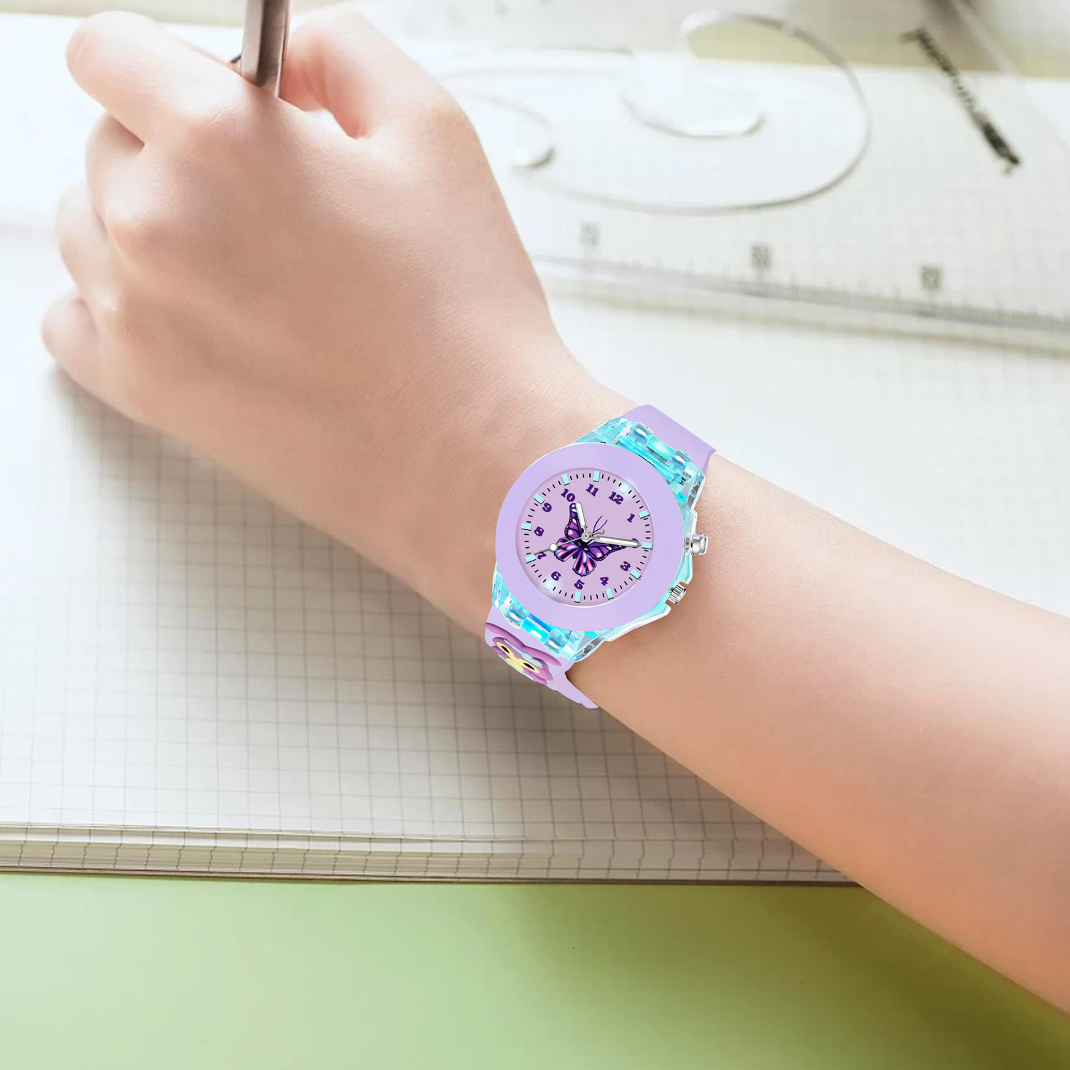 Image of MAAN INTERNATIONAL Kids Butterfly Fantasy Cartoon LED Light Purple Silicone Strap Analog Watch - For Boys & Girls BF-PURPLE