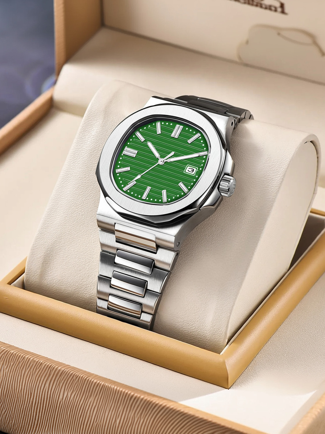 Image of pranisha time luxury green dail watch with stainless steel strap Analog Watch - For Men luxury green dail watch with stainless steel strap