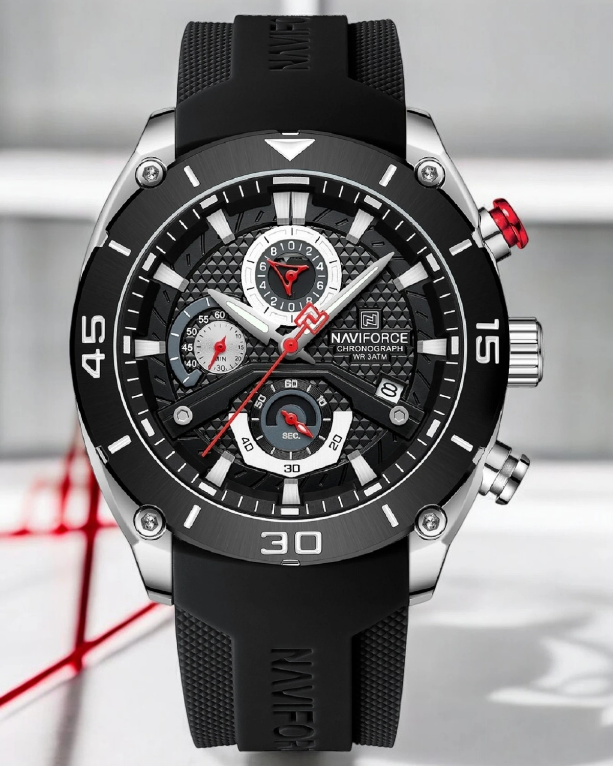 Image of NAVIFORCE Dominant Black with white Chronograph dial with Silicone strap Analog Watch - For Men 7123 Bold Sporty