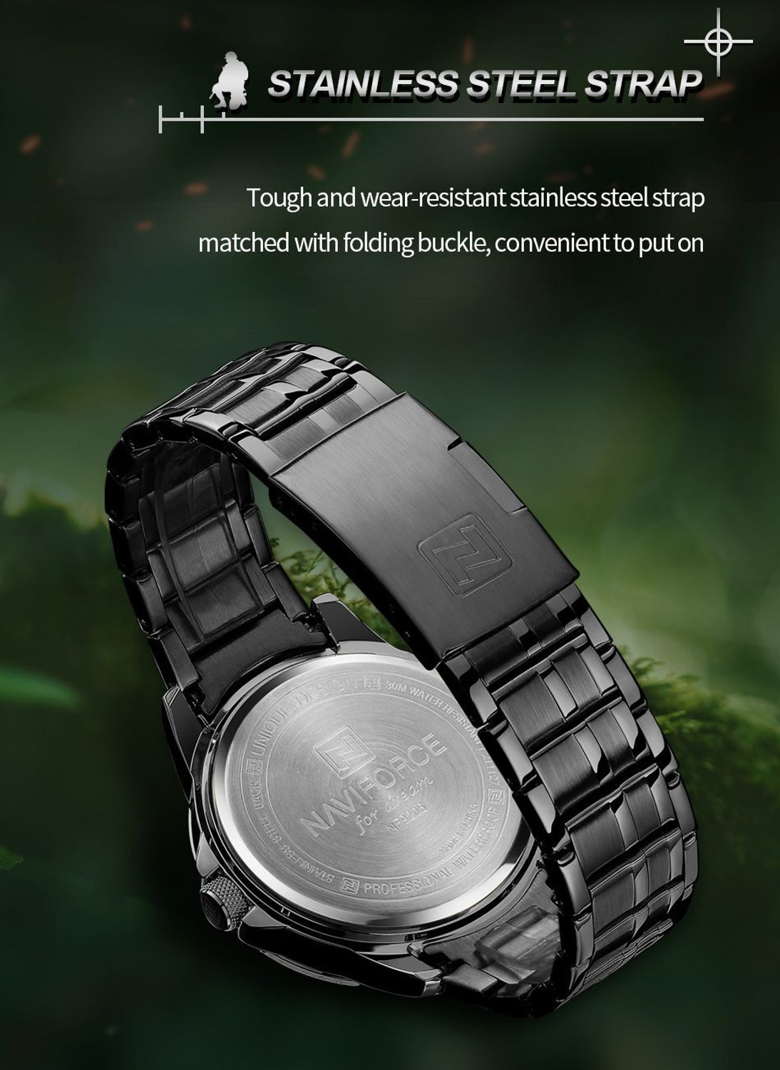 Image of NAVIFORCE Full Black Dial and Stainless Steel Strap Analog Watch - For Men NF9206 Stylish Date Display